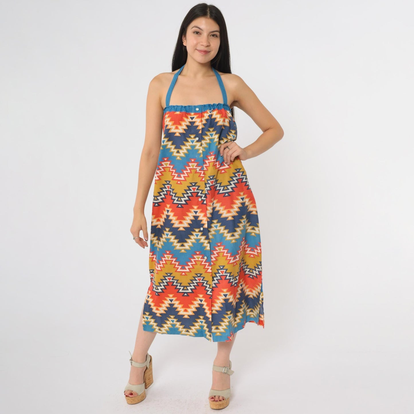 70s Geometric Southwest Halter Midi Dress Cotton Diamond Zigzag Small S