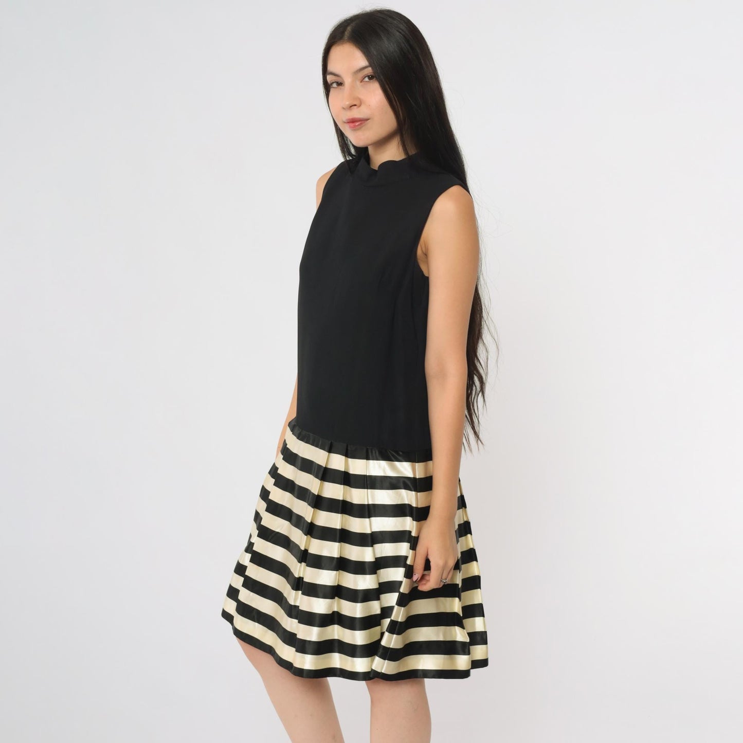 60s Black White Striped Mock Turtleneck Mini Dress Drop Waist A-Line Small