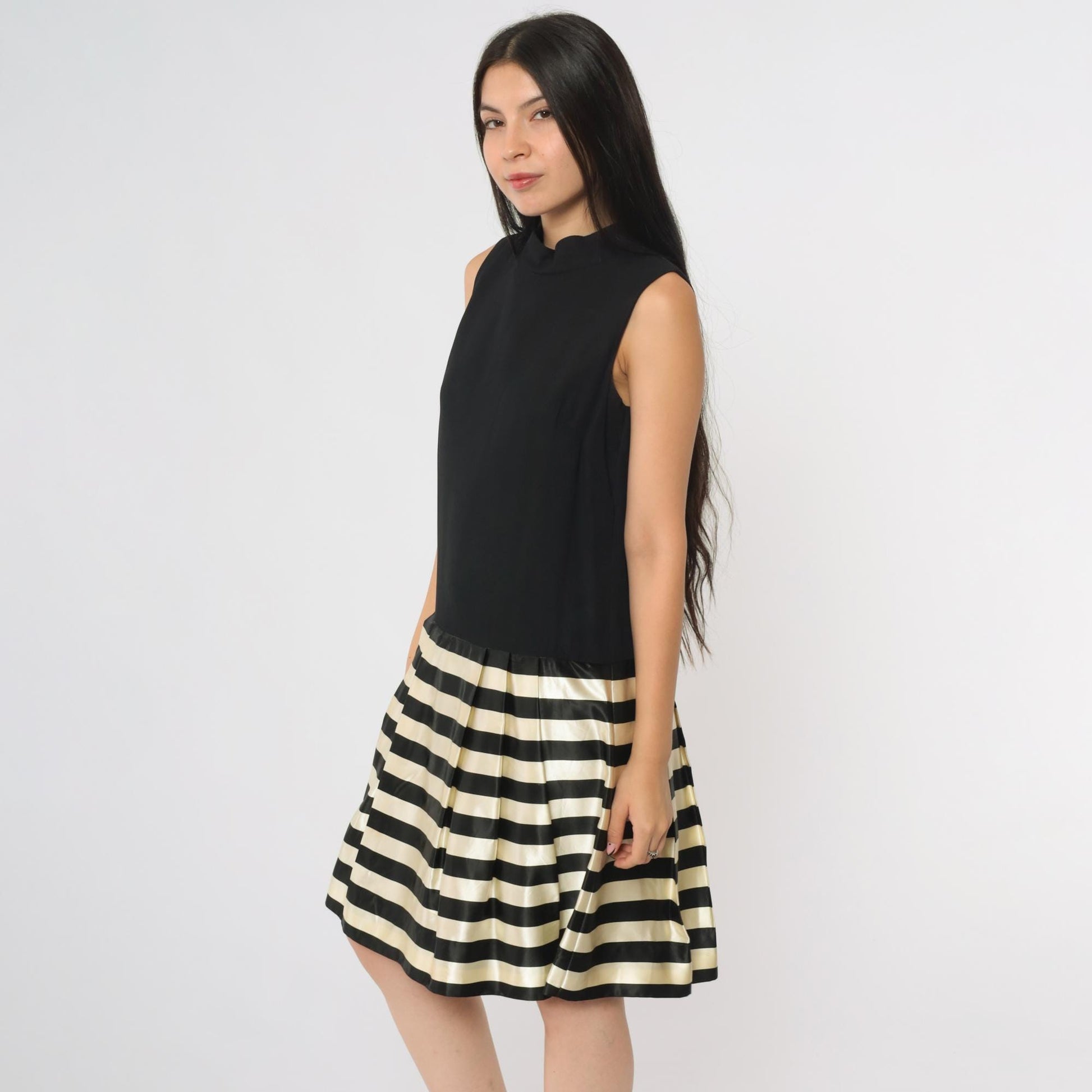 60s Black White Striped Mock Turtleneck Mini Dress Drop Waist A-Line Small