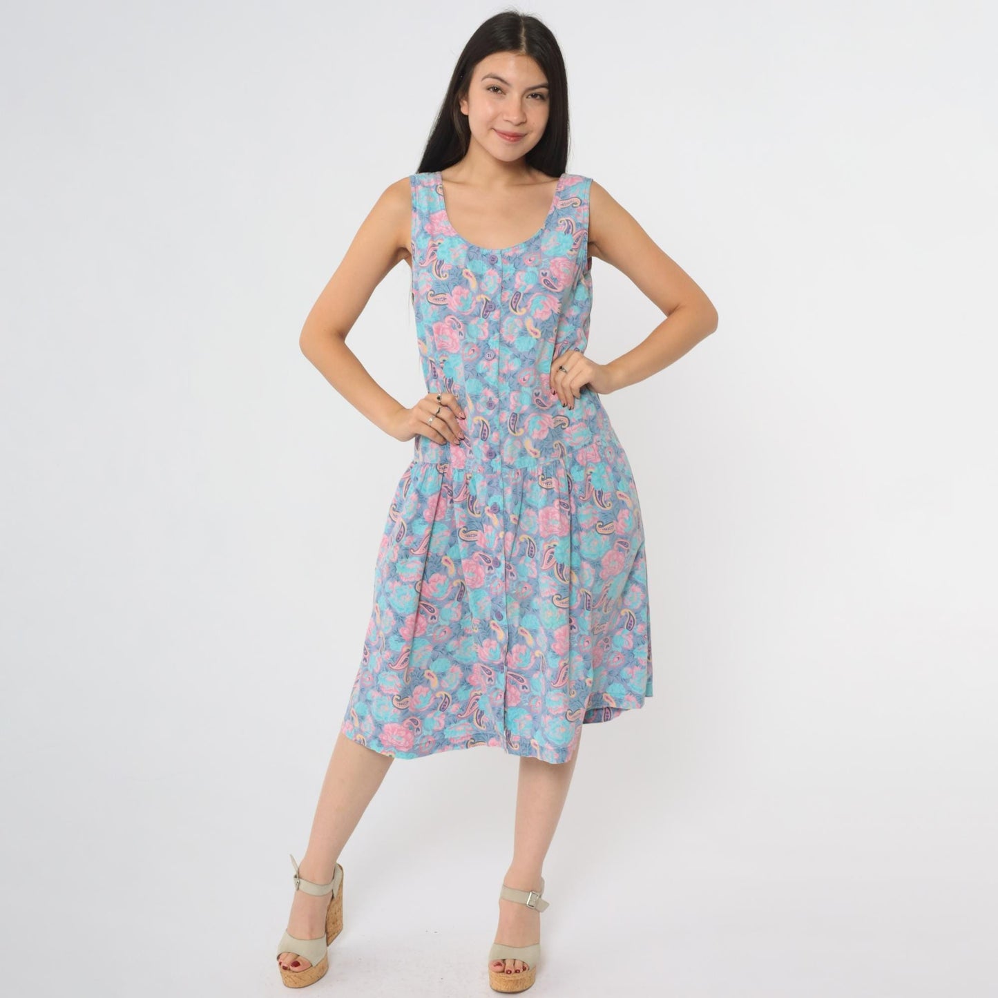 90s Intimate Options Turquoise Paisley Midi Dress Button Front Scoop Neck Small