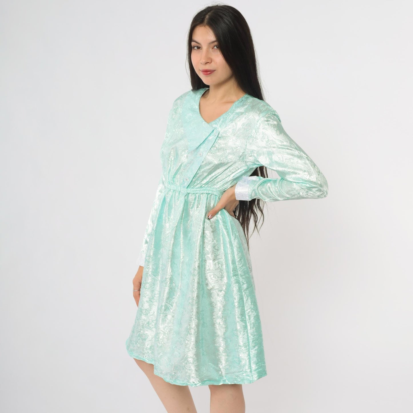80s Mint Green Satin V-Neck Dress Long Sleeve Bow Detail Small