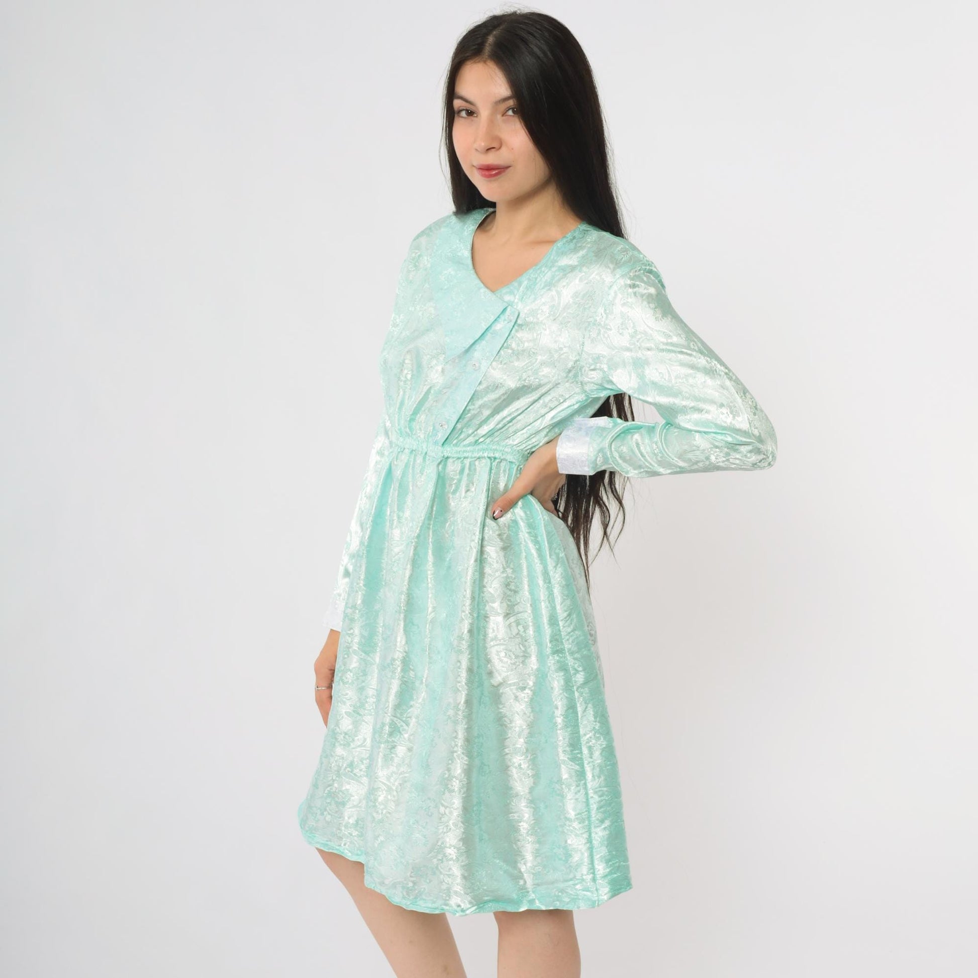 80s Mint Green Satin V-Neck Dress Long Sleeve Bow Detail Small