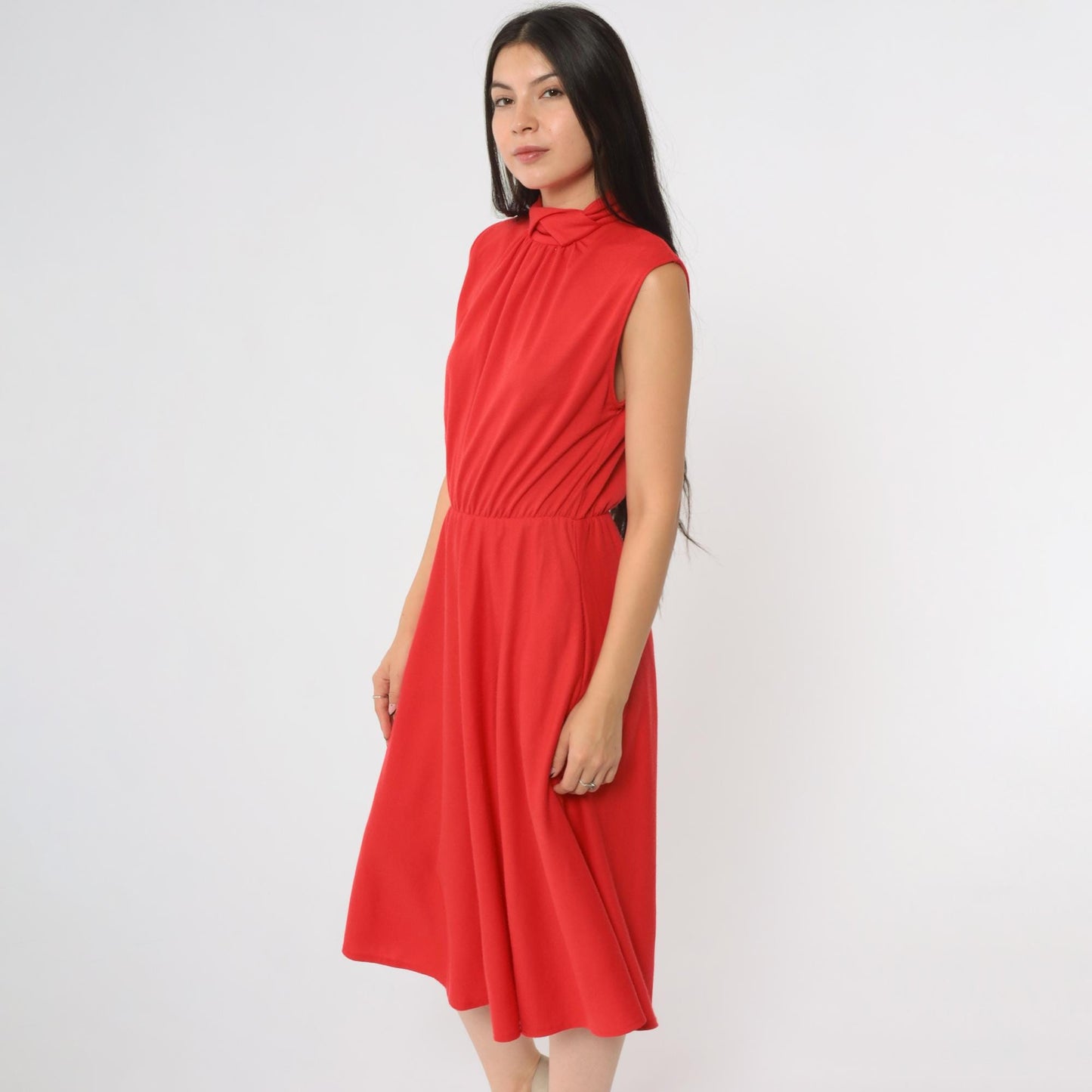 80s Impromptu Red Sleeveless Midi Dress Elastic Waist Collar Small