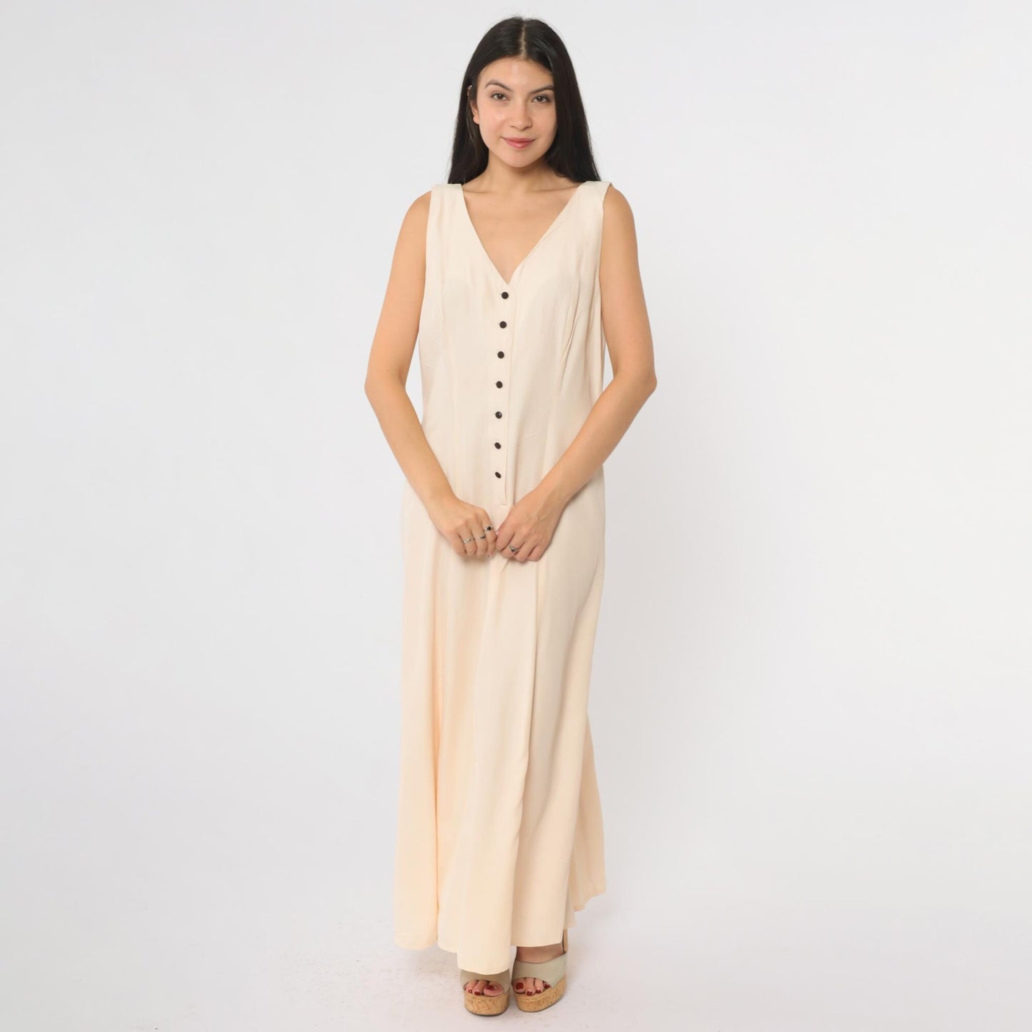 90s Cream Maxi Dress Button Front Deep V Neck Sleeveless Large L