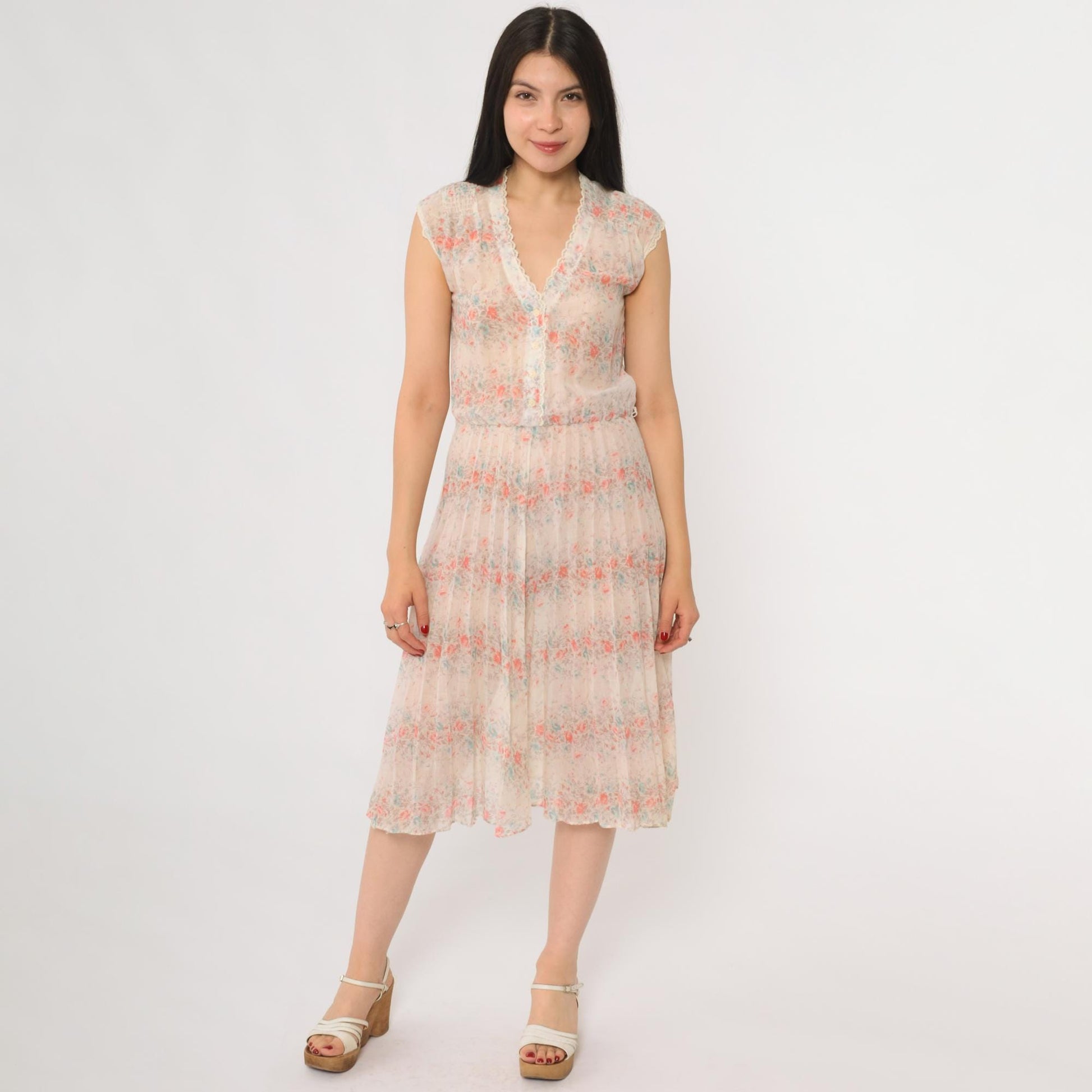 70s Cream Floral Prairie Dress Sleeveless V-Neck Midi Lace Trim Small