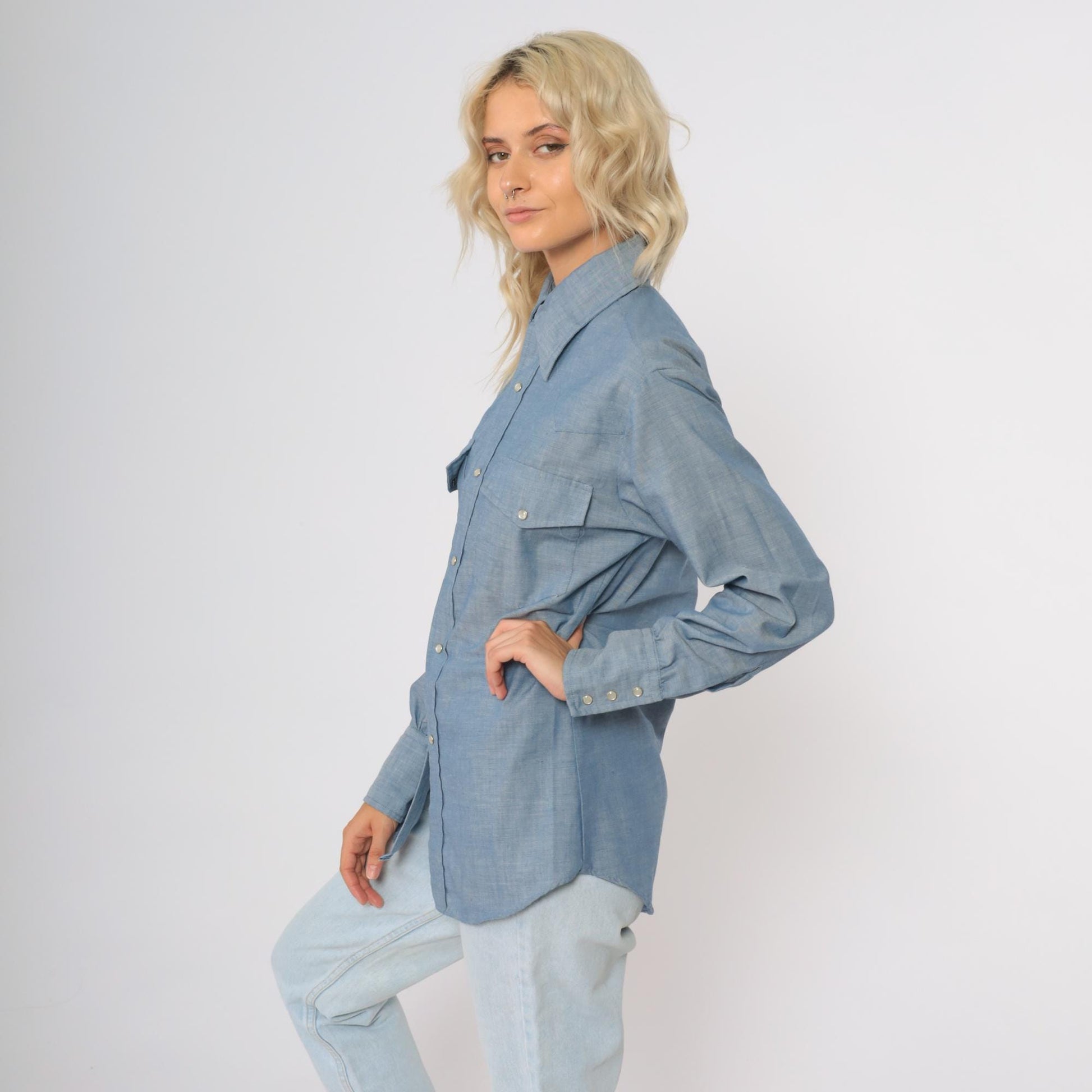70s Continental Casuals Western Chambray Shirt Blue Pearl Snap Small