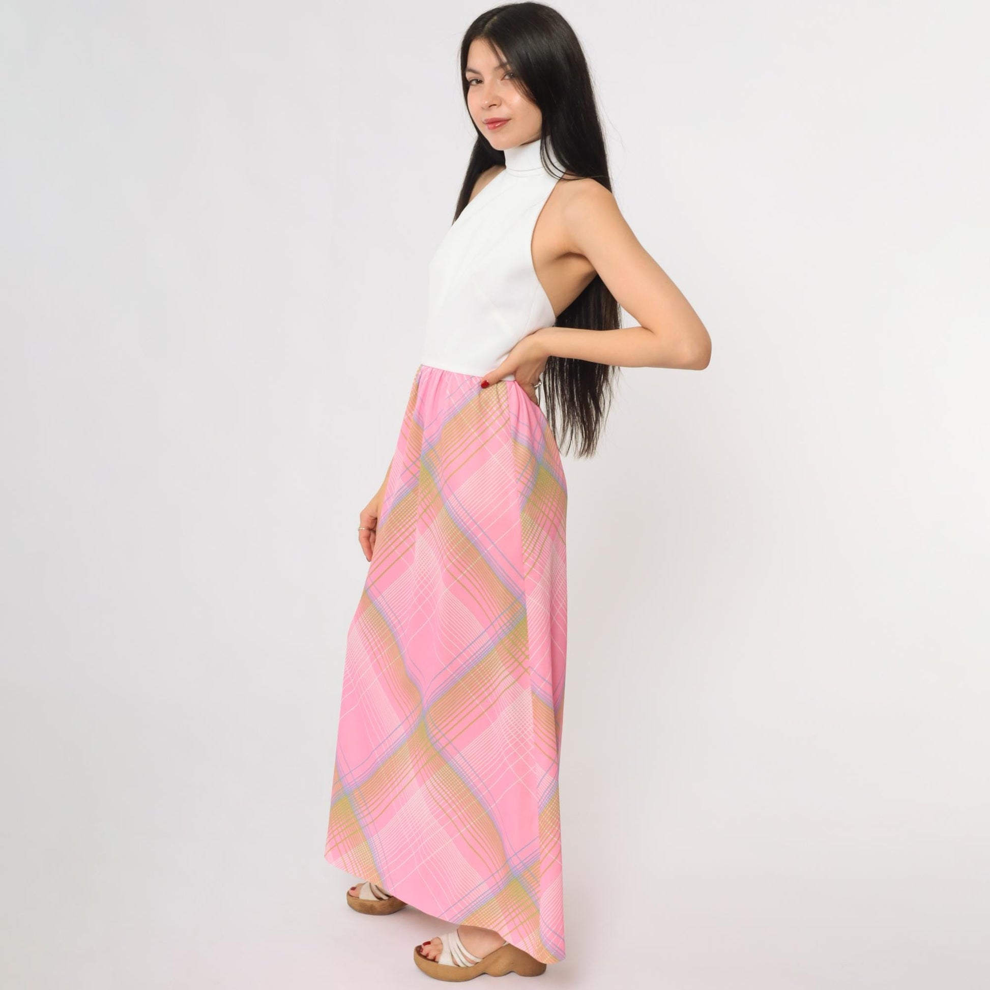 70s Colorblock Halter Maxi Dress Pink Plaid Turtleneck Open Back Small