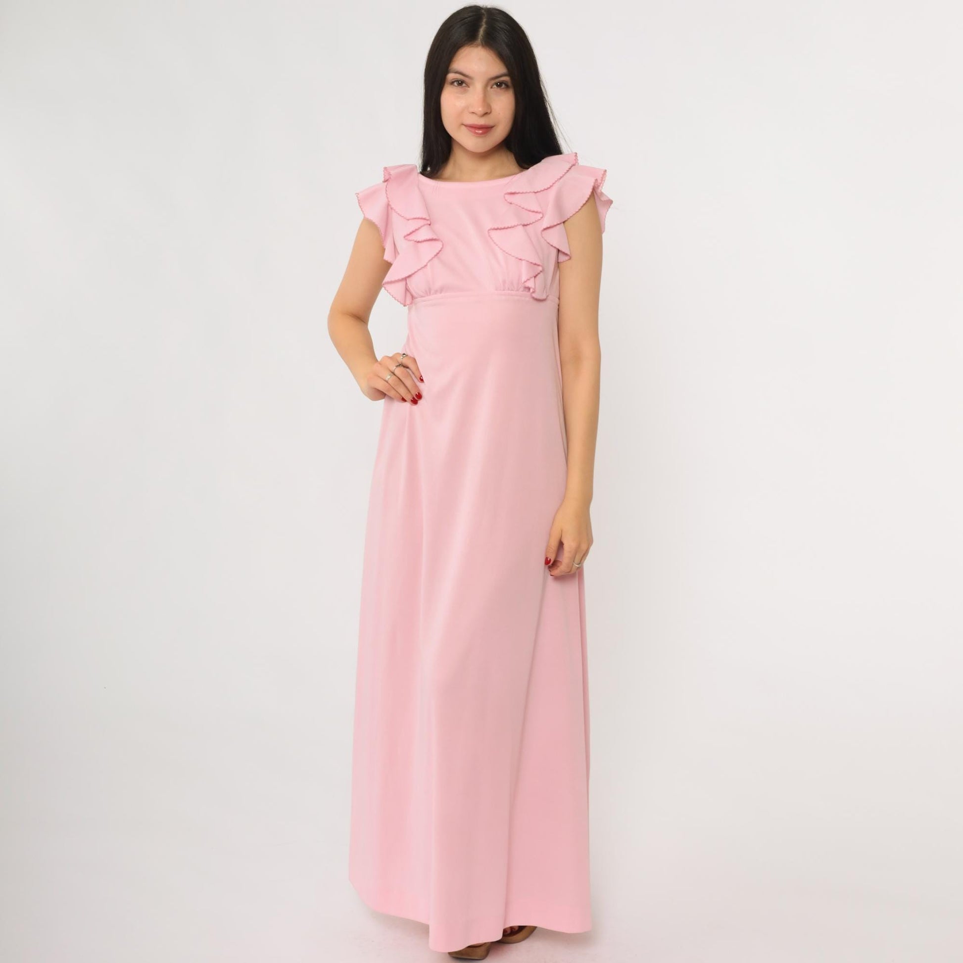 70s Pink Ruffle Maxi Dress Open Back Empire Waist Small