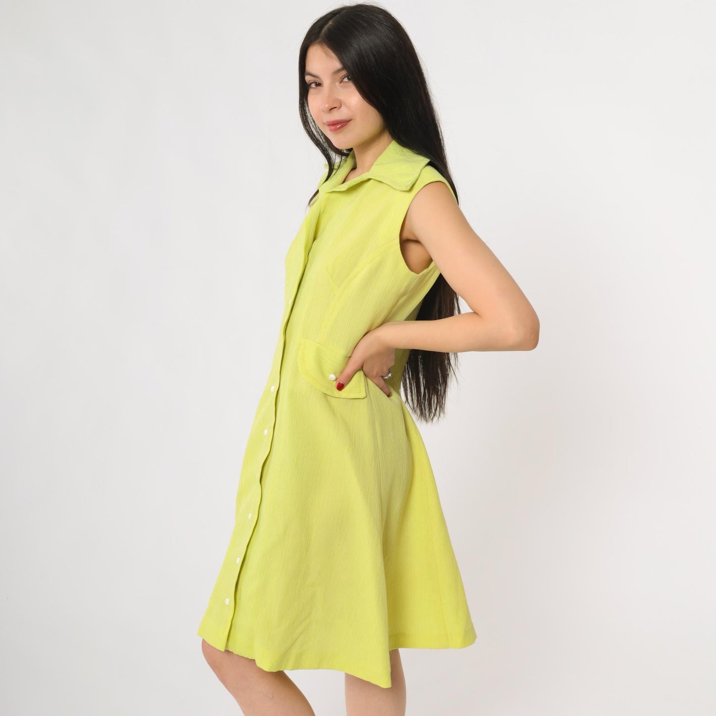 70s Lime Green Mod Mini Dress Pointed Collar A-Line Shift Medium M