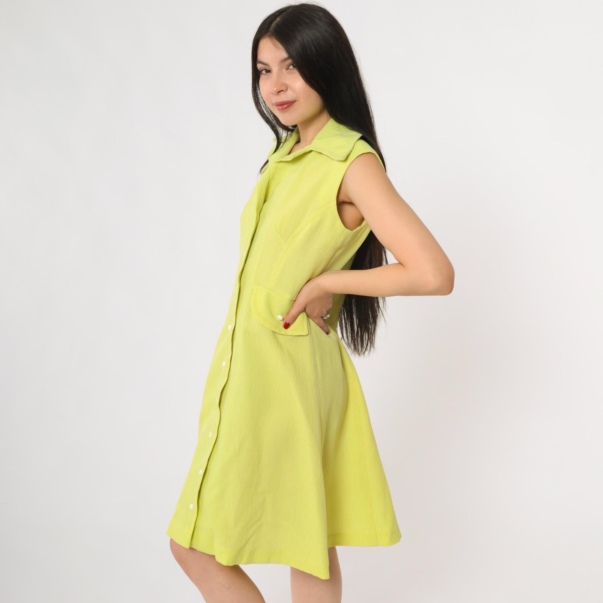 70s Lime Green Mod Mini Dress Pointed Collar A-Line Shift Medium M