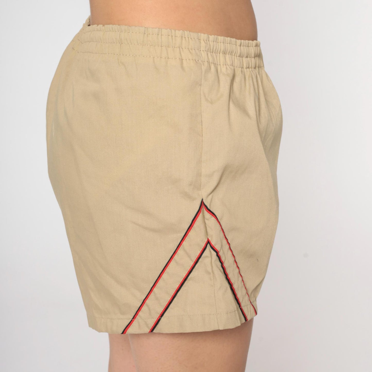 80s Tan Swim Shorts Red Trim Athletic Drawstring Cotton Nylon Medium