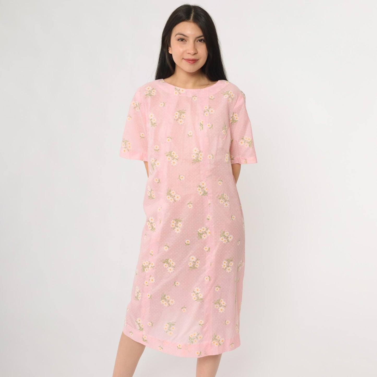 70s Pink Daisy Floral Midi Dress Short Sleeve Pullover Cotton Large