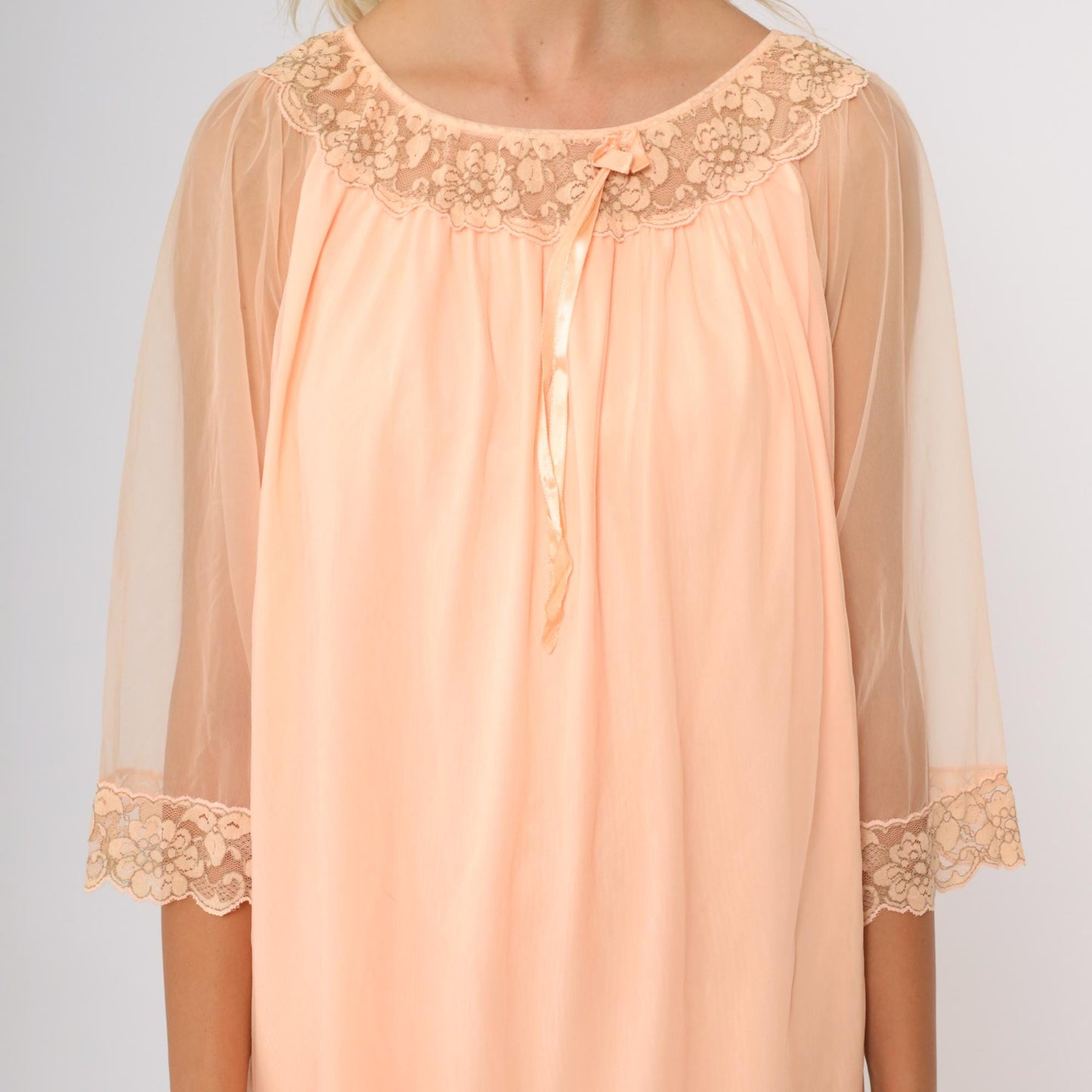70s Avian Peach Babydoll Nightgown Lace Trim Mini Lingerie Large L