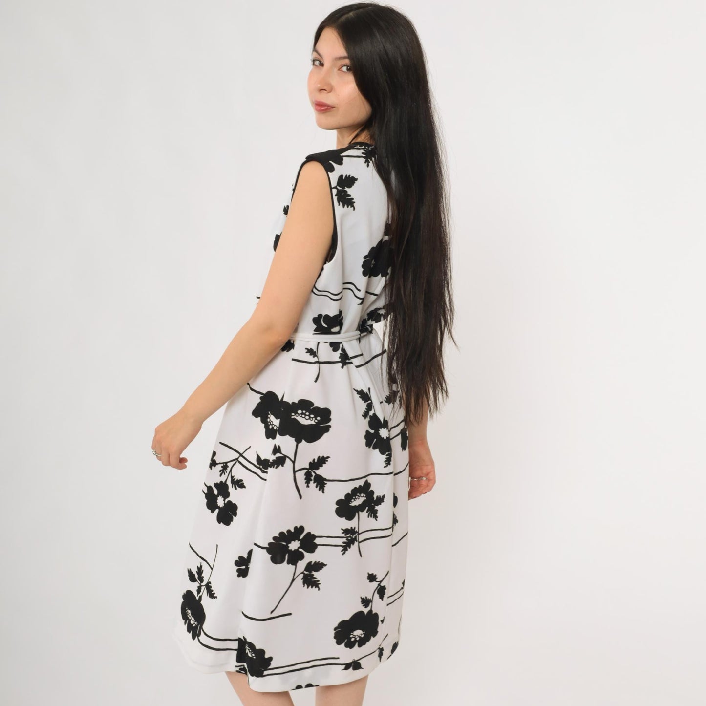 70s Prissy Black White Floral Botanical A-Line Dress Button Front Extra Large XL