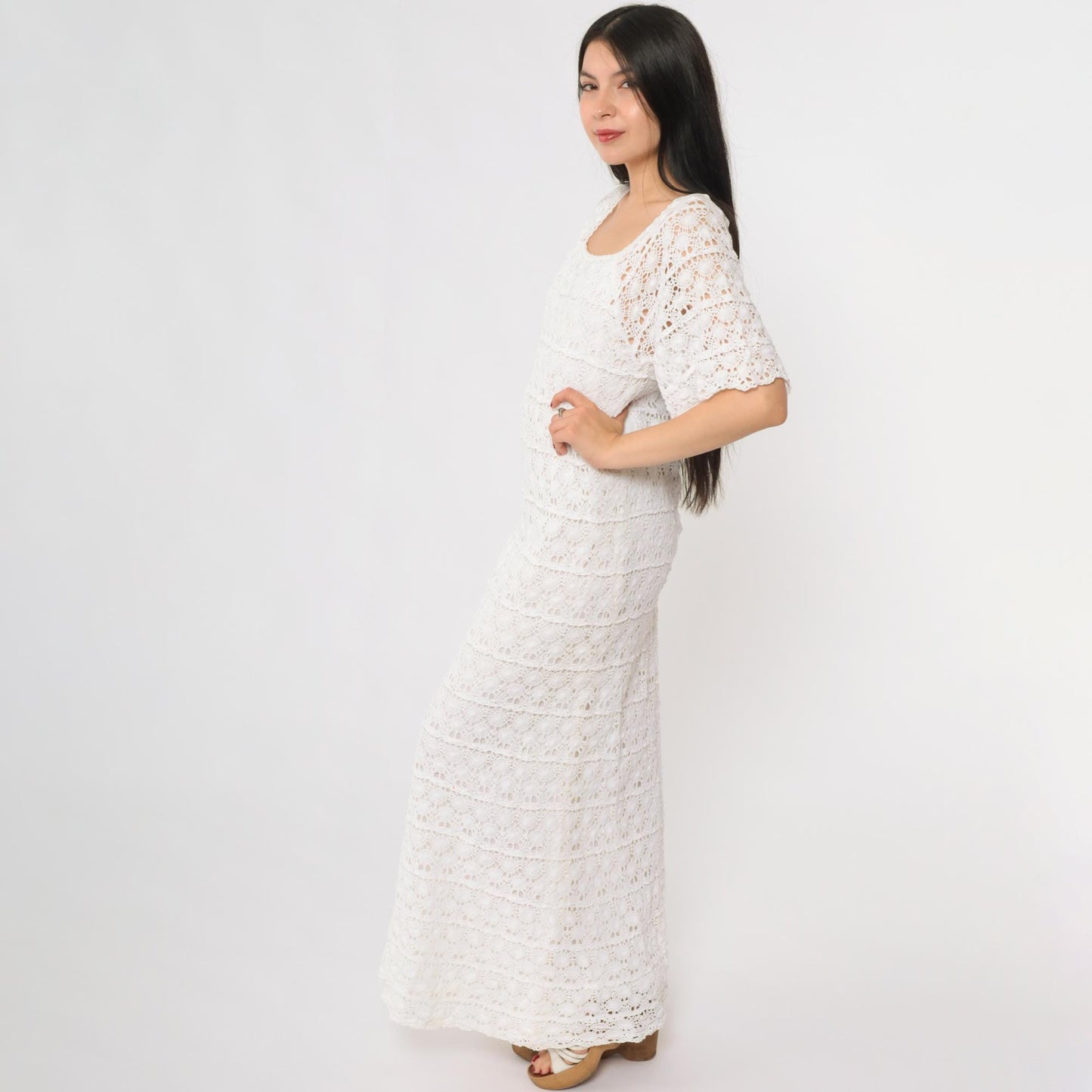 60s White Crochet Lace Maxi Dress Long Sleeve Scoop Neck Small XS