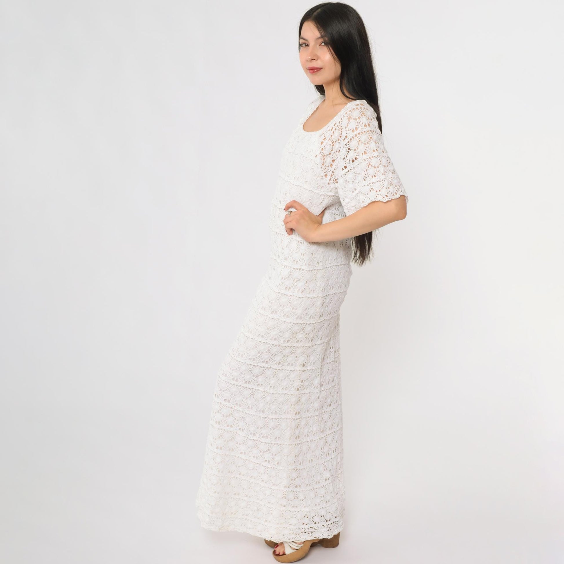 60s White Crochet Lace Maxi Dress Long Sleeve Scoop Neck Small XS