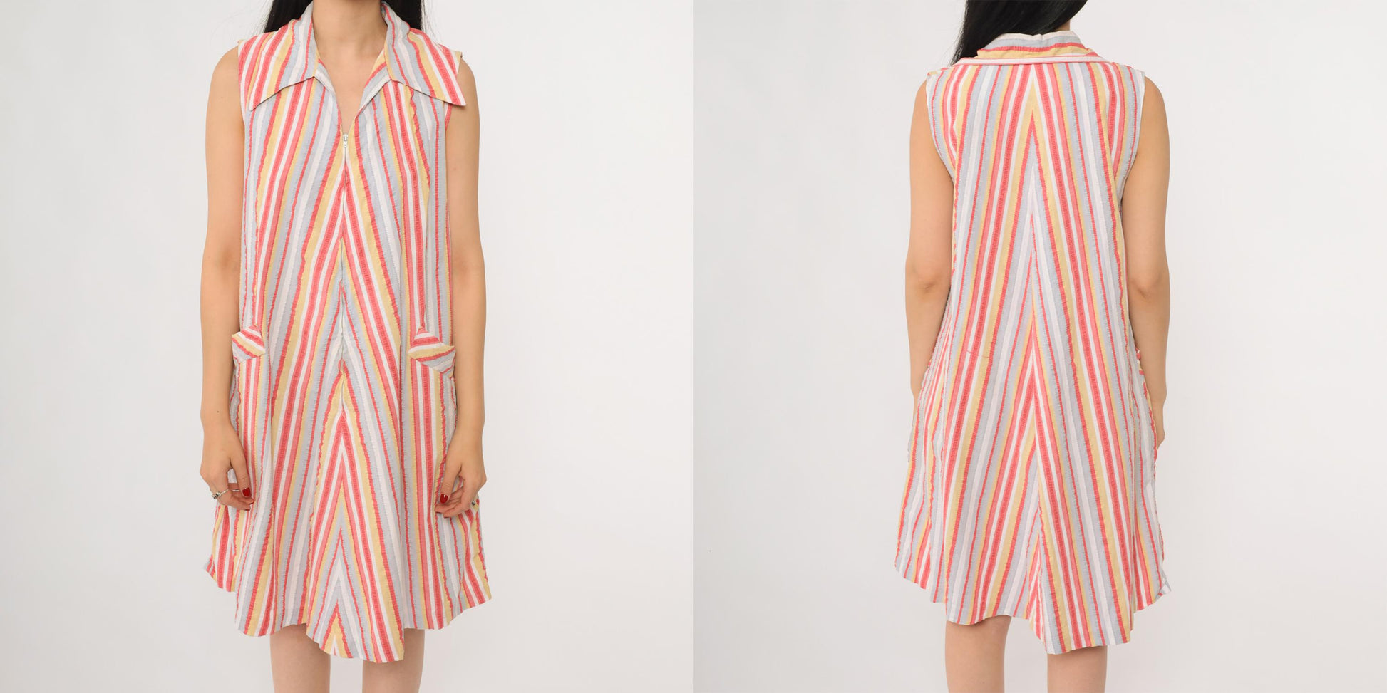 70s Go-Ins Rainbow Stripe A-Line Zip Front Dress Cotton Medium