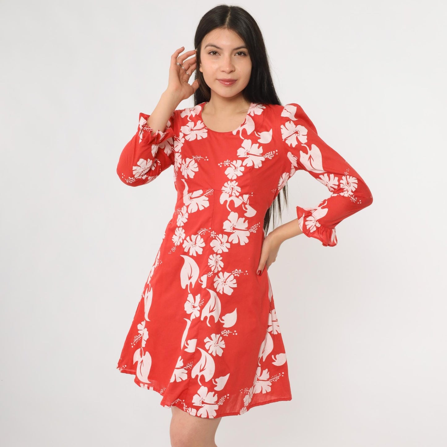 70s Hawaiian Hibiscus Floral Dress Red White Long Sleeve Ruffle Medium