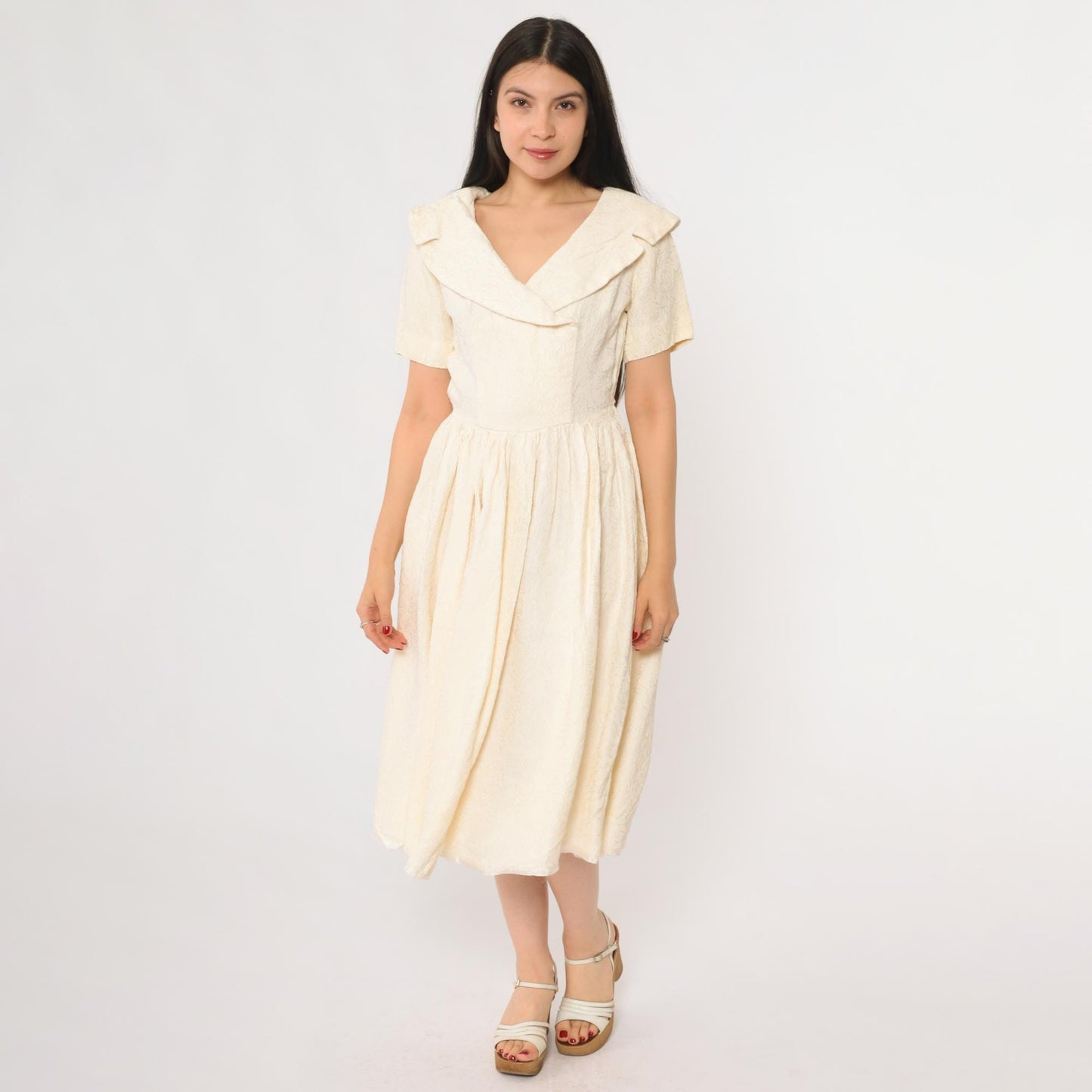 1950s Cream Sailor Collar Midi Dress Jacquard Small Medium