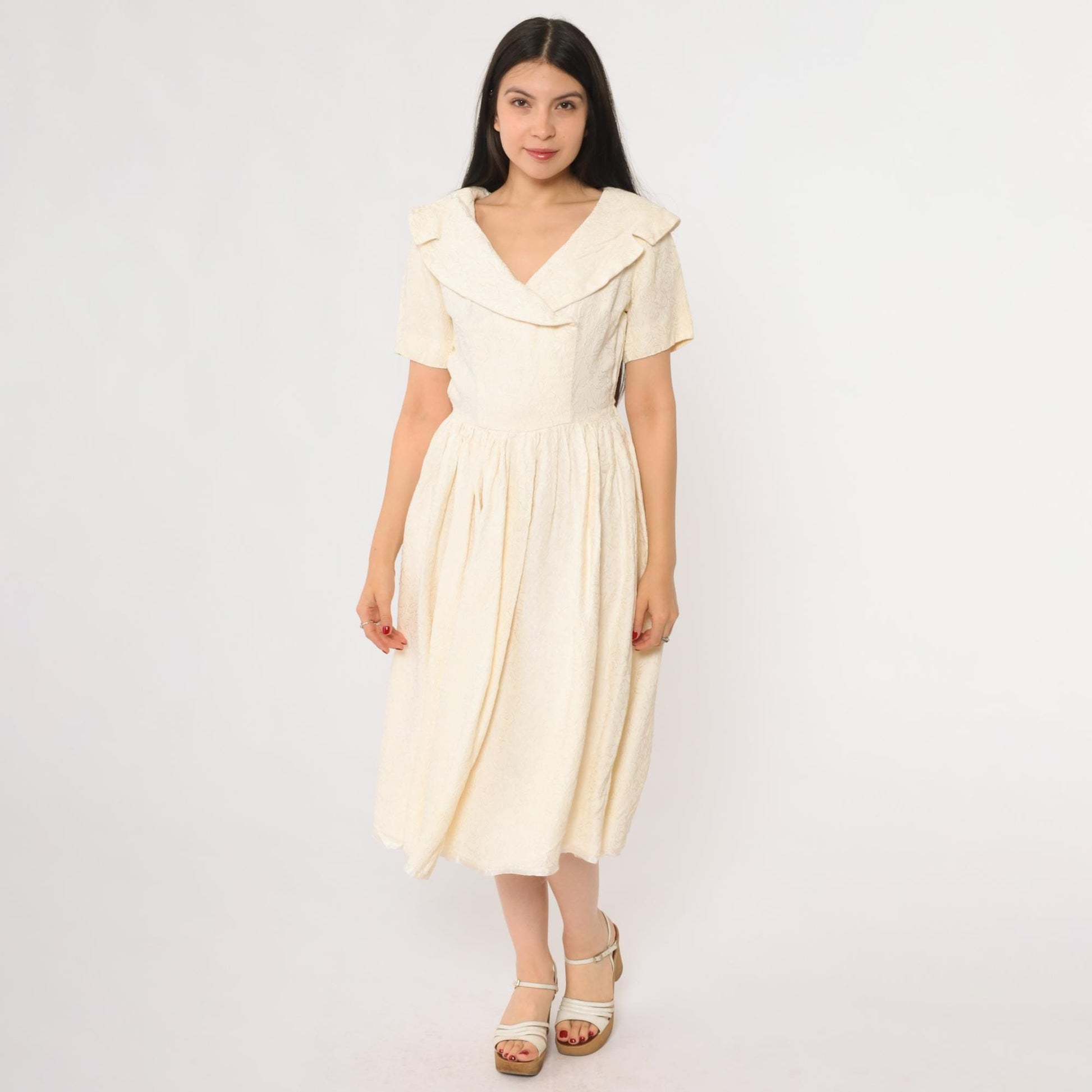1950s Cream Sailor Collar Midi Dress Jacquard Small Medium