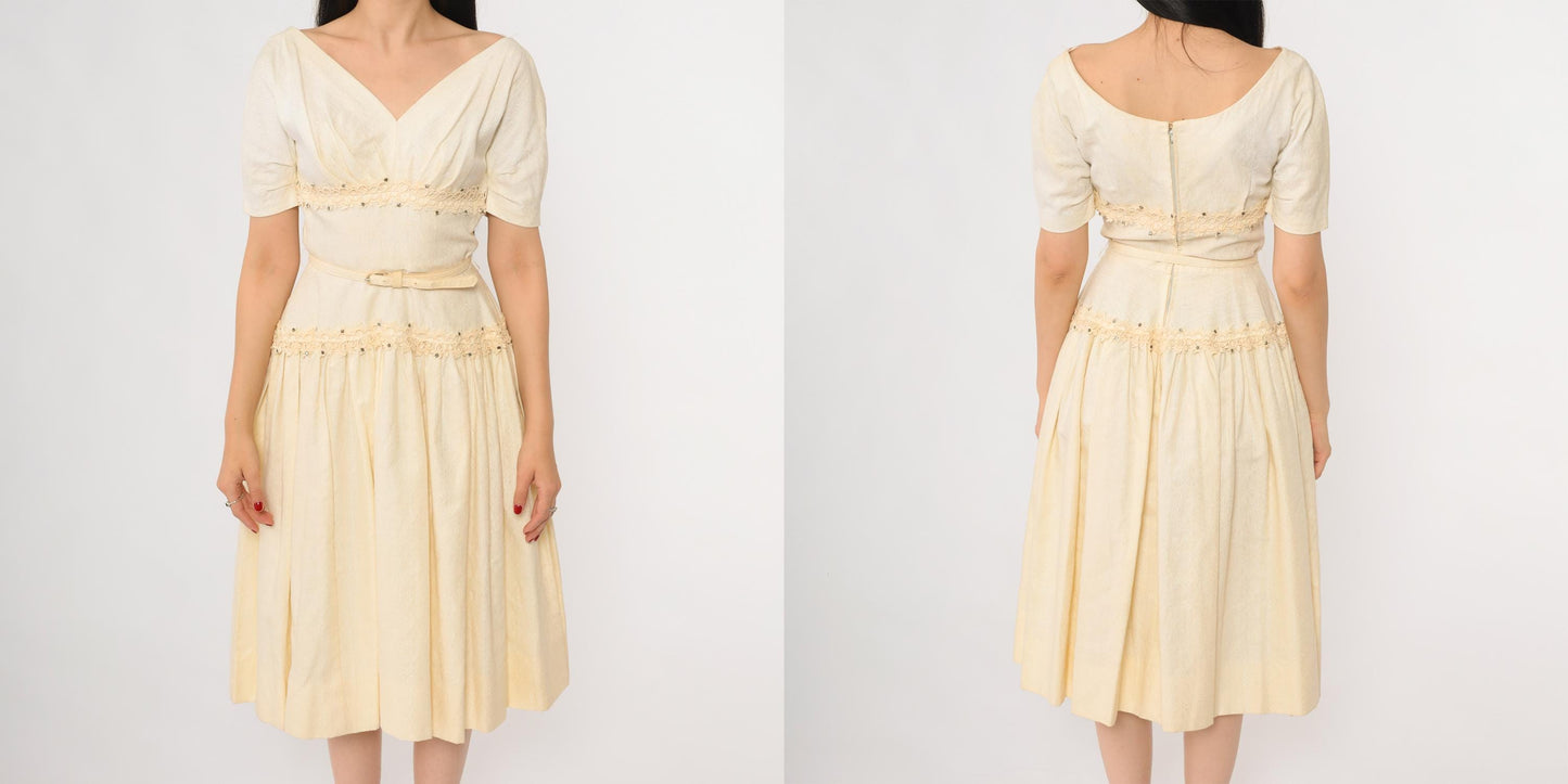60s Ivory Cocktail Dress V Neck Beaded Belted Midi Fit Flare Extra Small