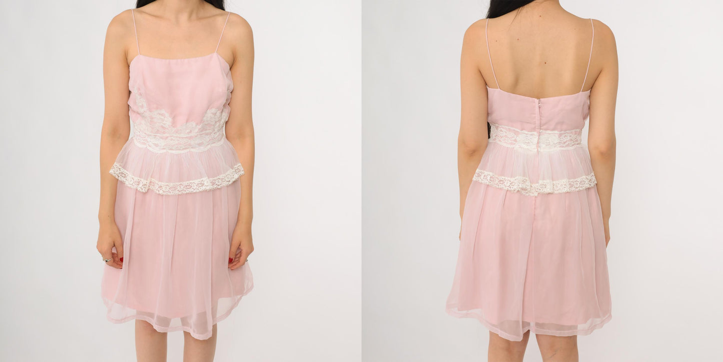 70s Miss Elliette California Pink Babydoll Mini Dress Lace Peplum Size 8