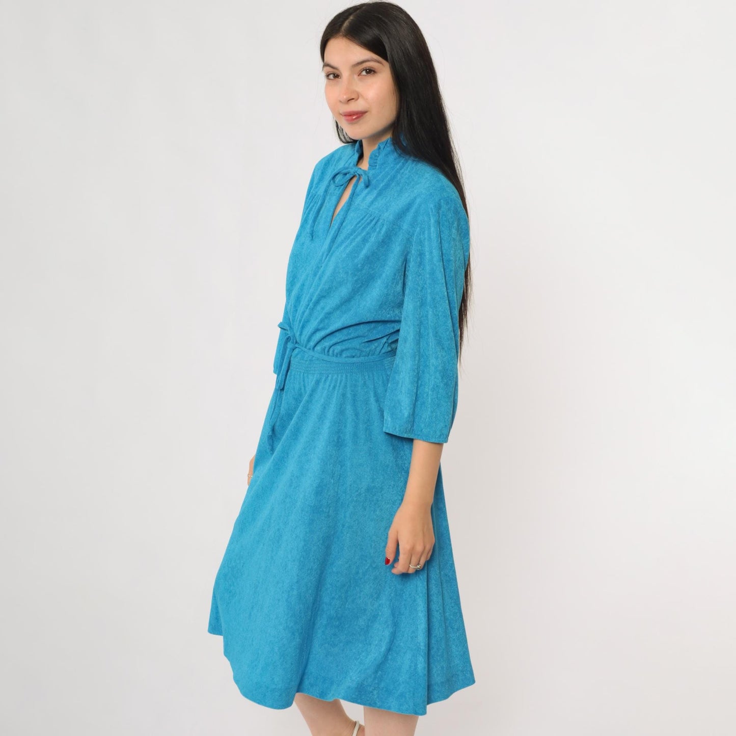 70s Blue Terrycloth Dress Ruffle Tie Front Keyhole Three Quarter Sleeve Midi Large L
