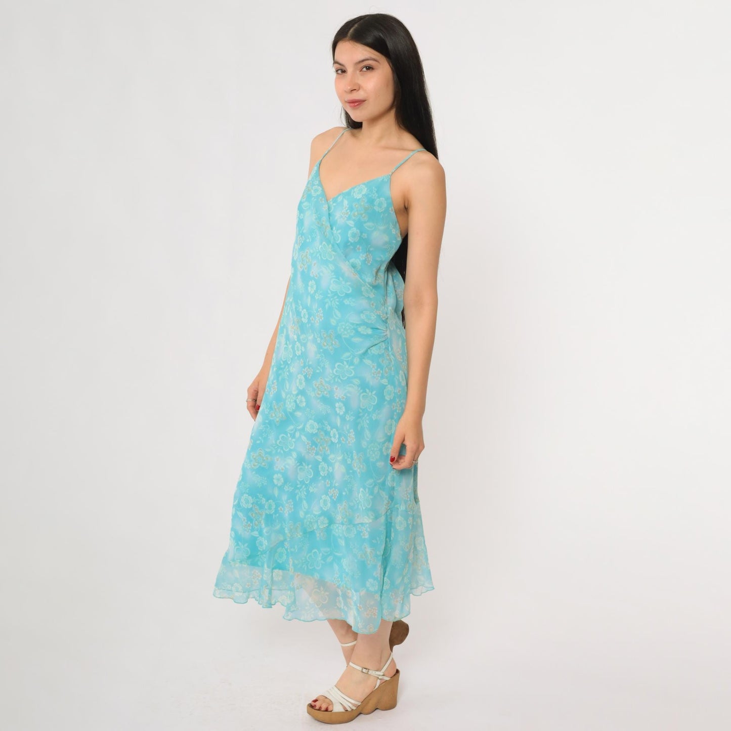 Y2K New York & Company Aqua Floral Slip Dress Midi Spaghetti Strap Large