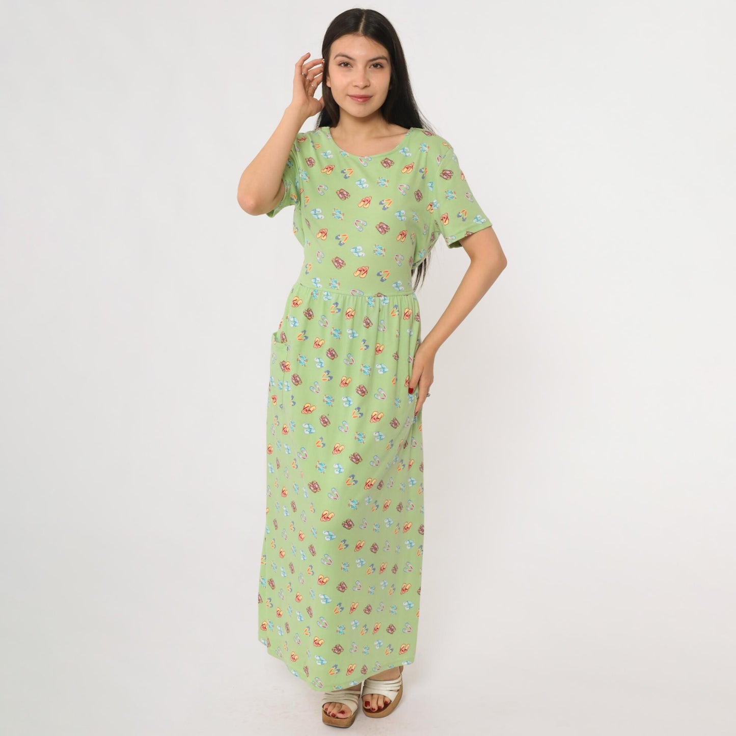 90s Sage Green Maxi Dress Flip Flop Novelty Print Cotton Scoop Neck Large L