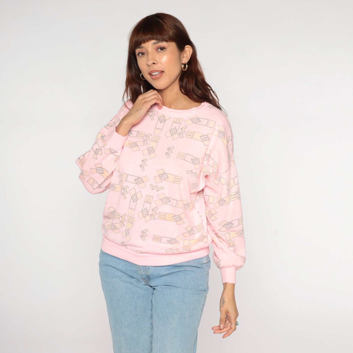 90s Julie Girl Pink Geometric Sweatshirt Crew Neck Abstract Pattern Small