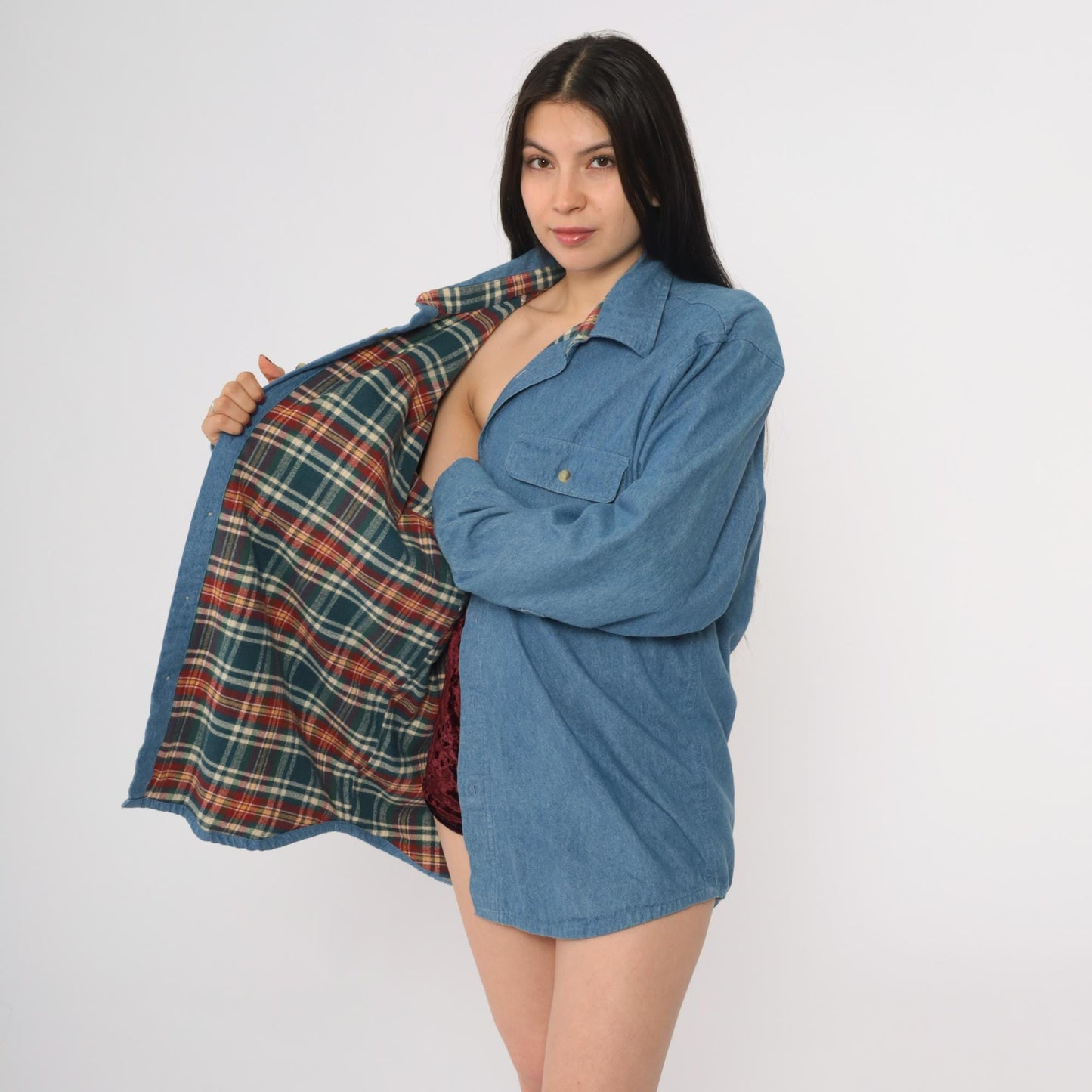 90s Scandia Woods Denim Shirt Flannel Lined Blue Button Down Large L