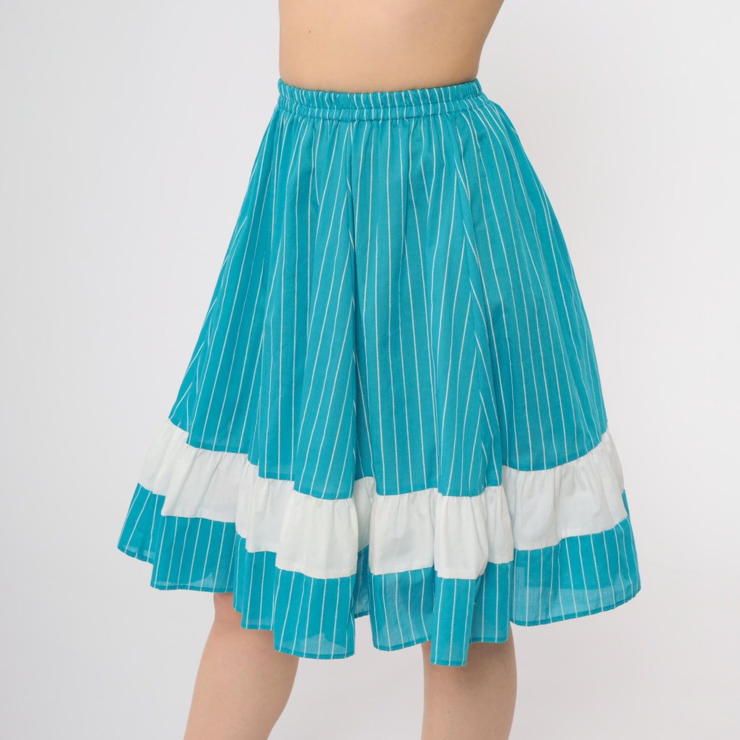 80s Kate Schorer Turquoise Striped Tiered Prairie Skirt Cotton Small