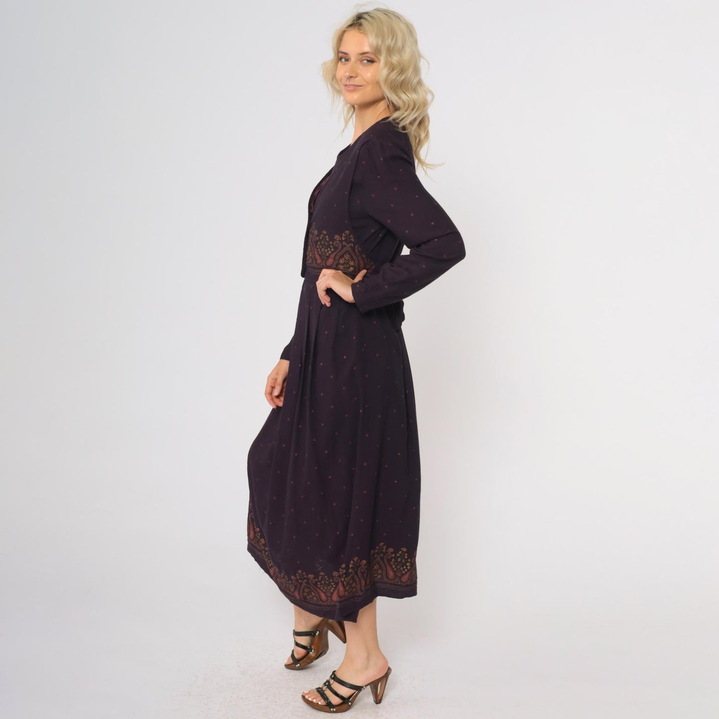 90s Dark Purple Maxi Dress Attached Vest Long Sleeve Paisley Border Small
