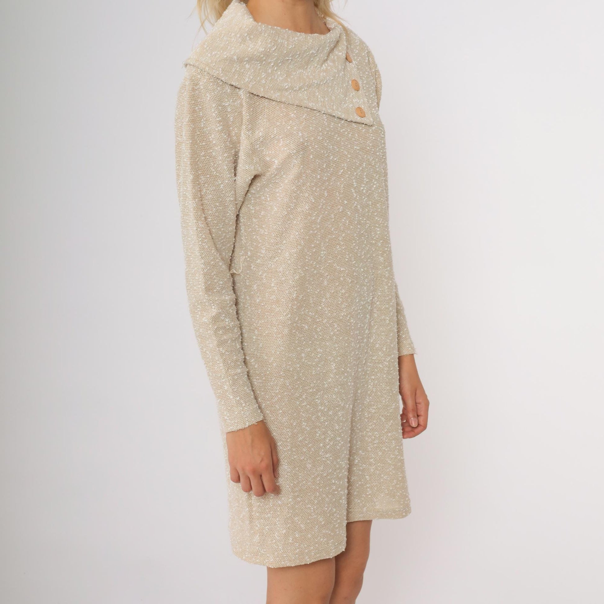 80s Beige Knit Shift Dress Asymmetrical Collar Long Sleeve Knee Length Medium M