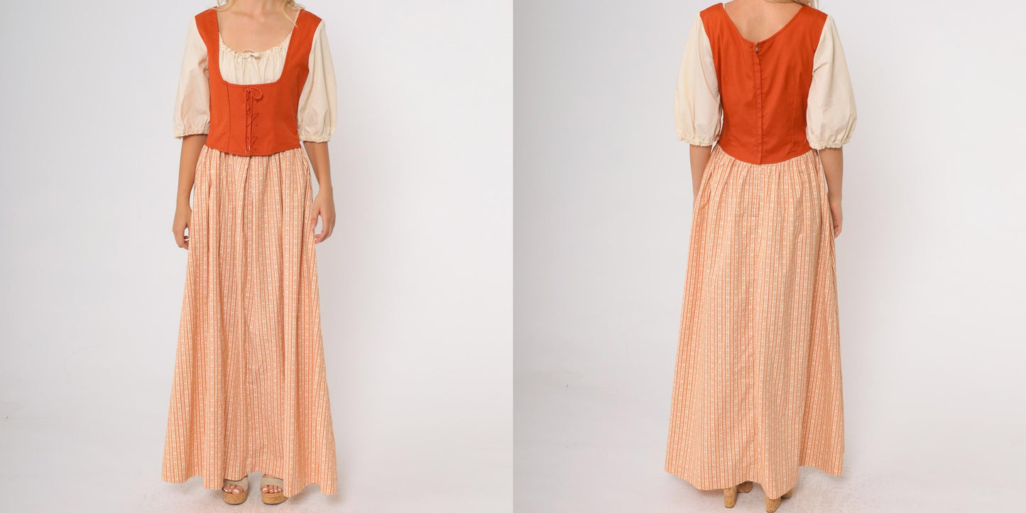 70s Prairie Maxi Dress Lace-Up Corset Bodice Puff Sleeve Orange Cream Medium M