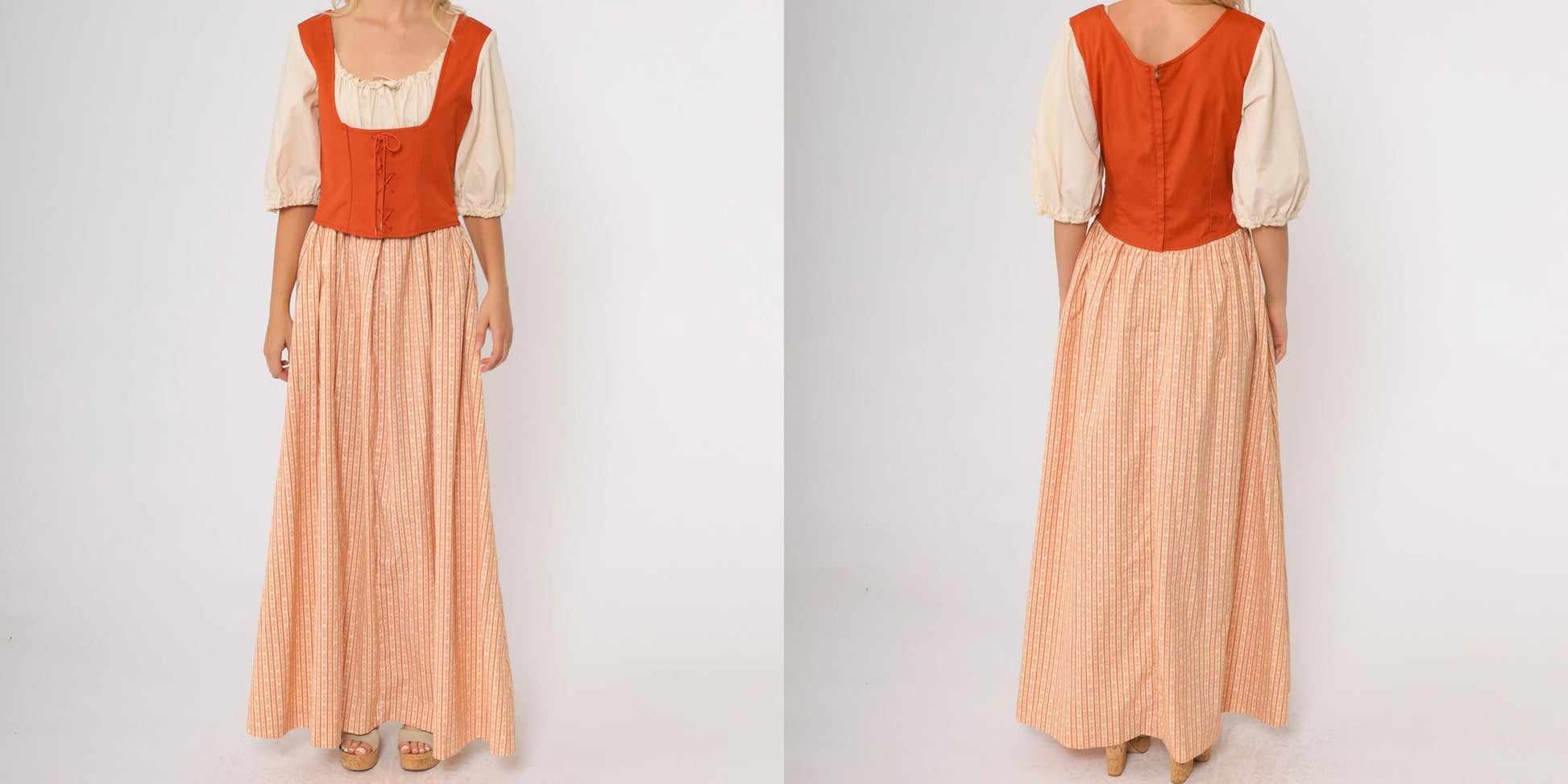 70s Prairie Maxi Dress Lace-Up Corset Bodice Puff Sleeve Orange Cream Medium M