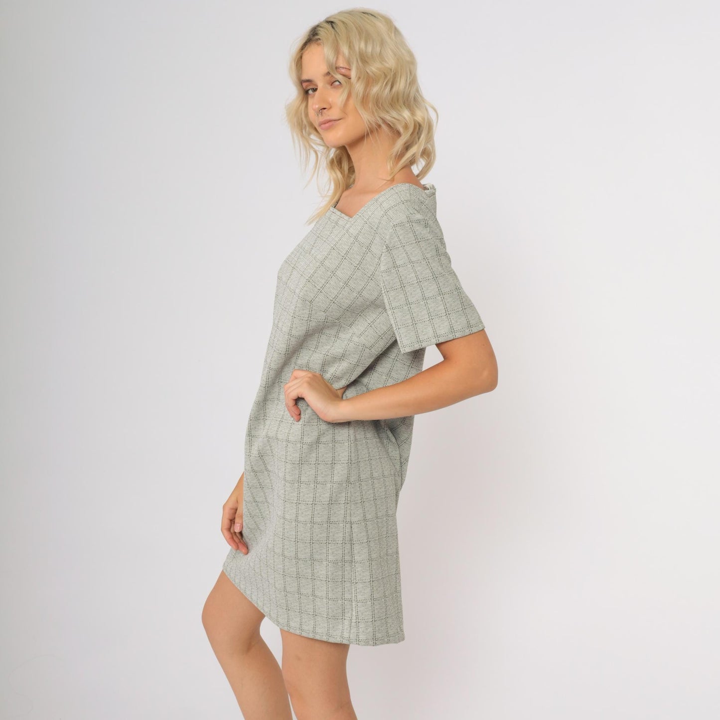 60s Plaid Mini Shift Dress Grey Square Neckline Mod Short Sleeve Medium