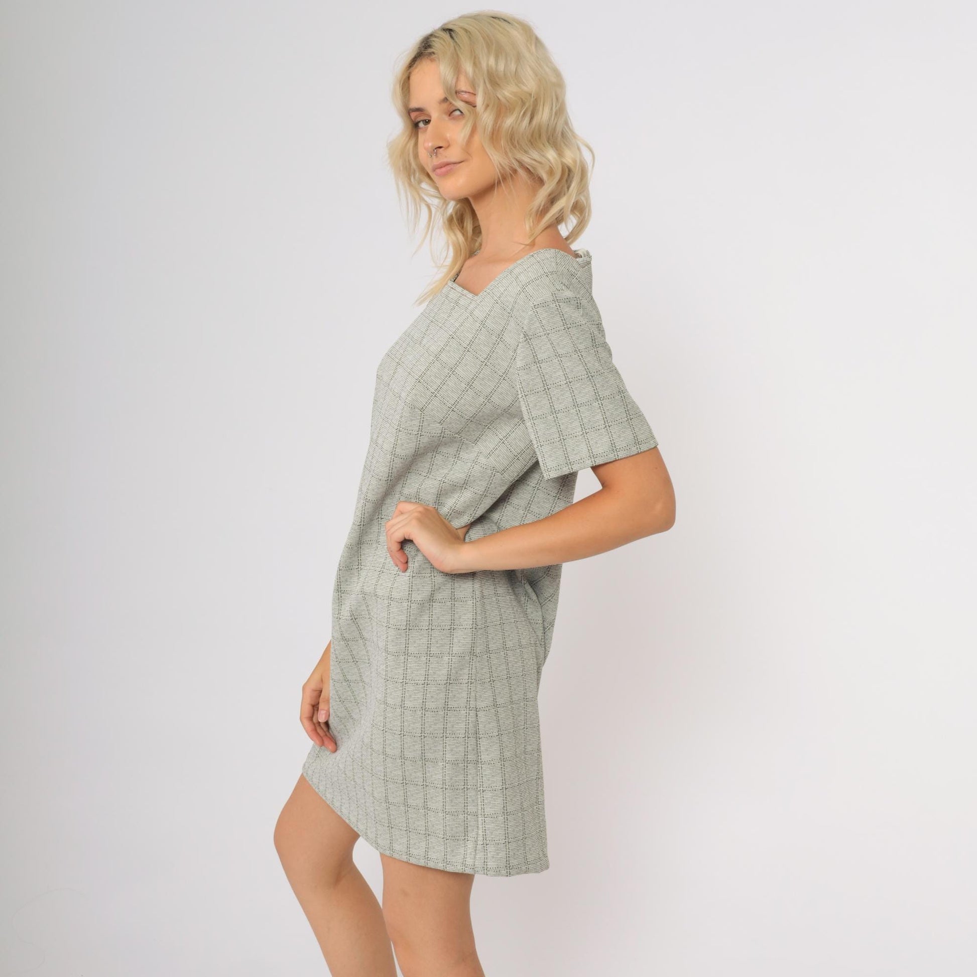 60s Plaid Mini Shift Dress Grey Square Neckline Mod Short Sleeve Medium