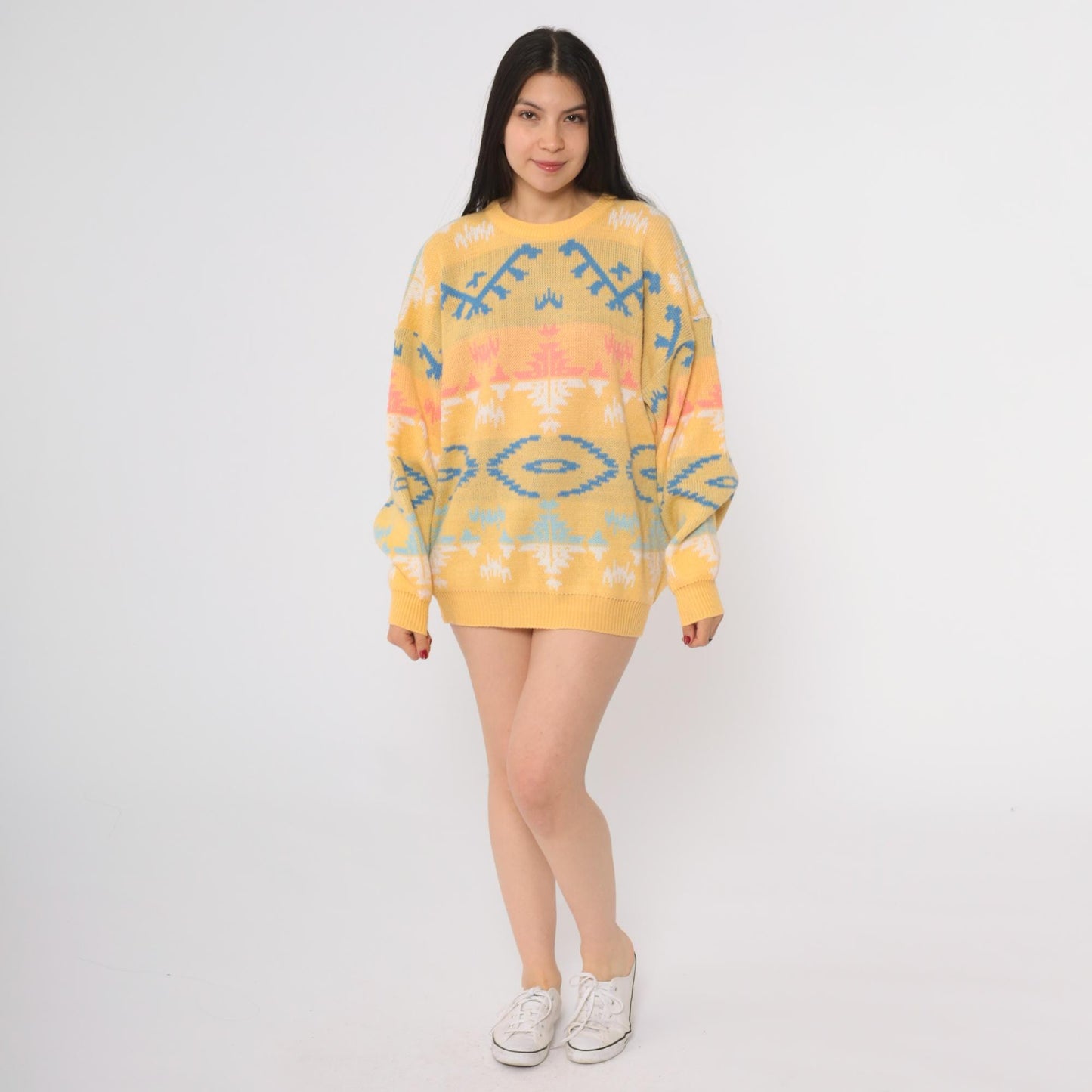 90s Joan Harper Geometric Tribal Sweater Yellow Blue Pink Large L