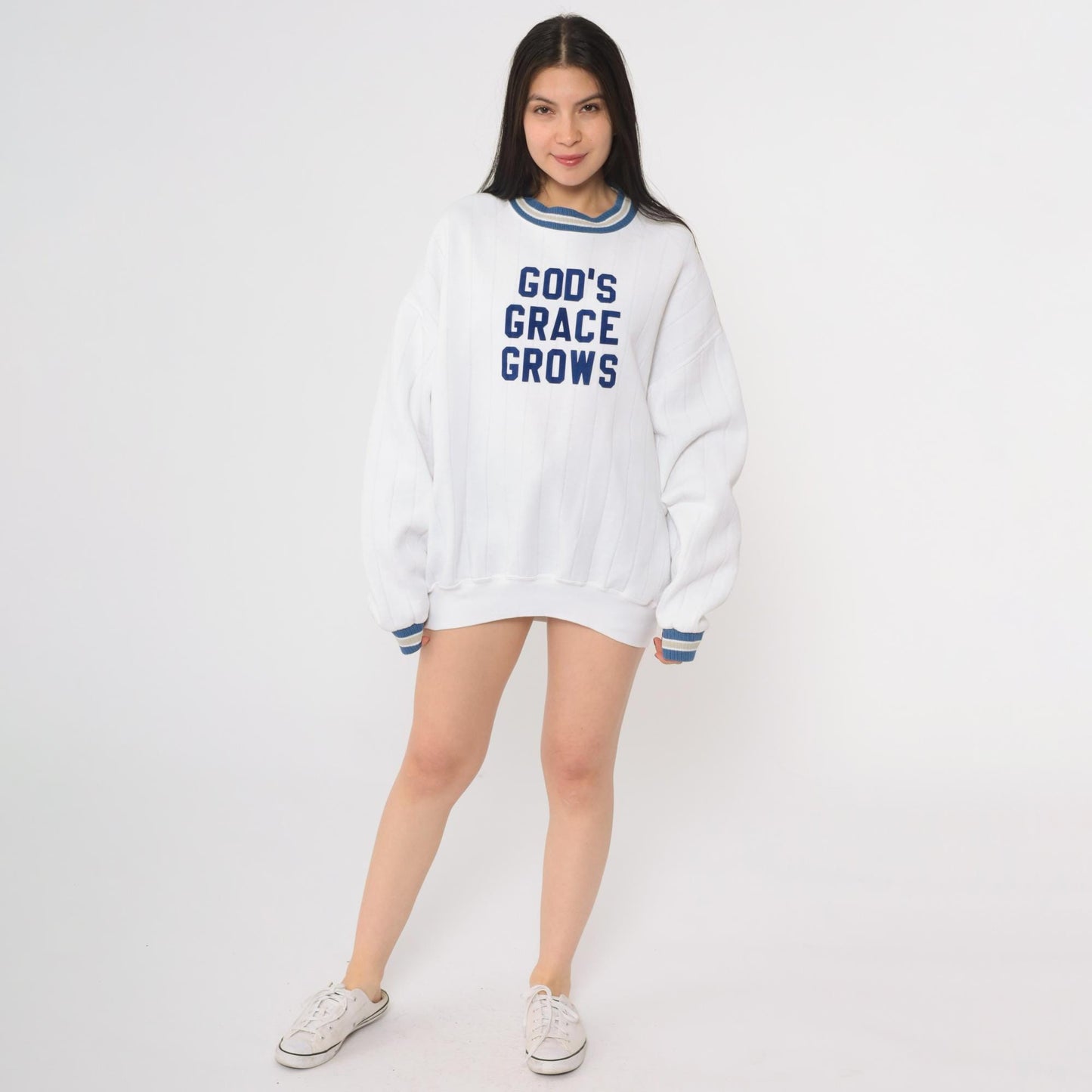 90s Jerzees God's Grace Grows Christian Sweatshirt White Navy Extra Large XL