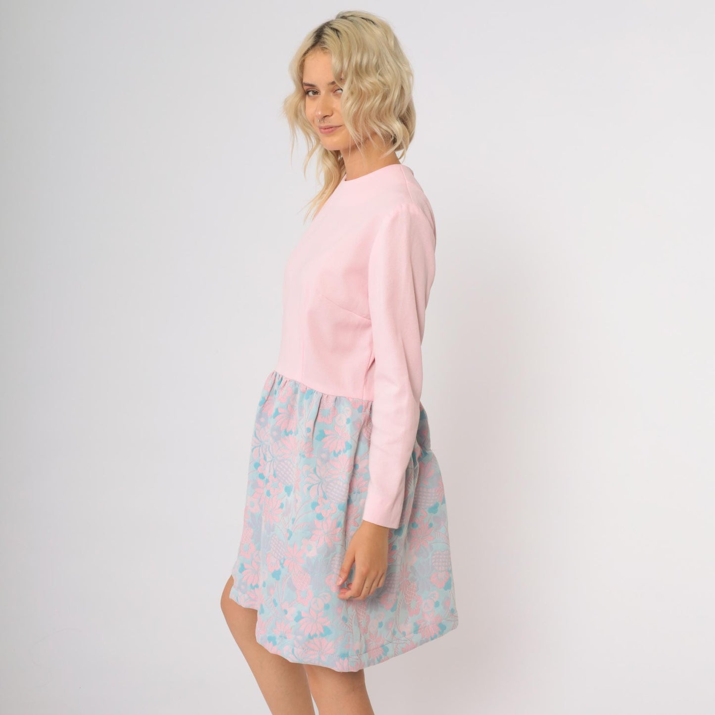70s Pink Aqua Floral Mini Dress Long Sleeve Mock Neck A-Line Large