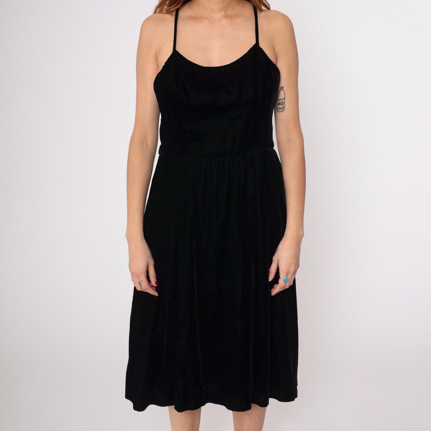 90s Black Velvet Midi Dress Spaghetti Strap Scoop Neck Large L