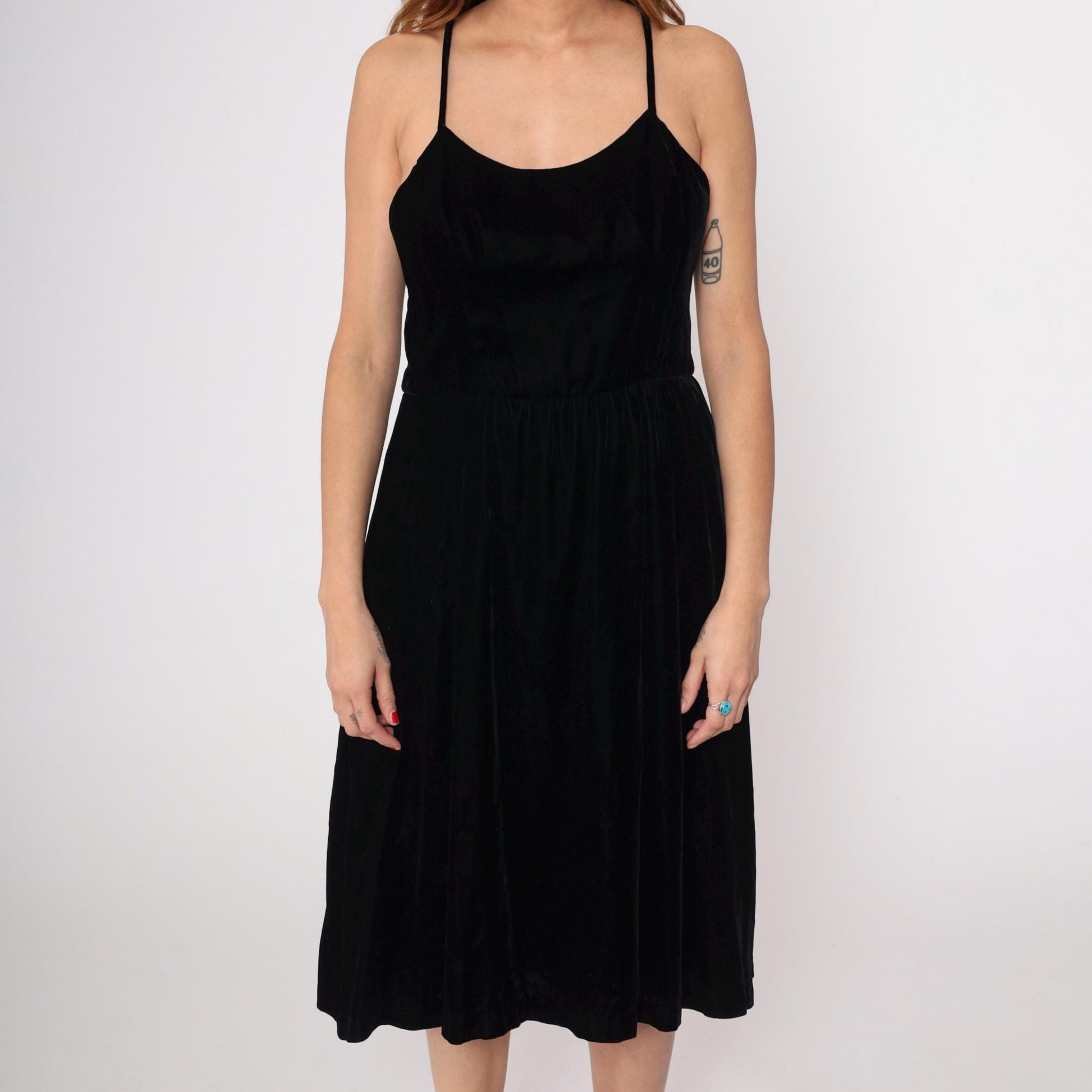 90s Black Velvet Midi Dress Spaghetti Strap Scoop Neck Large L
