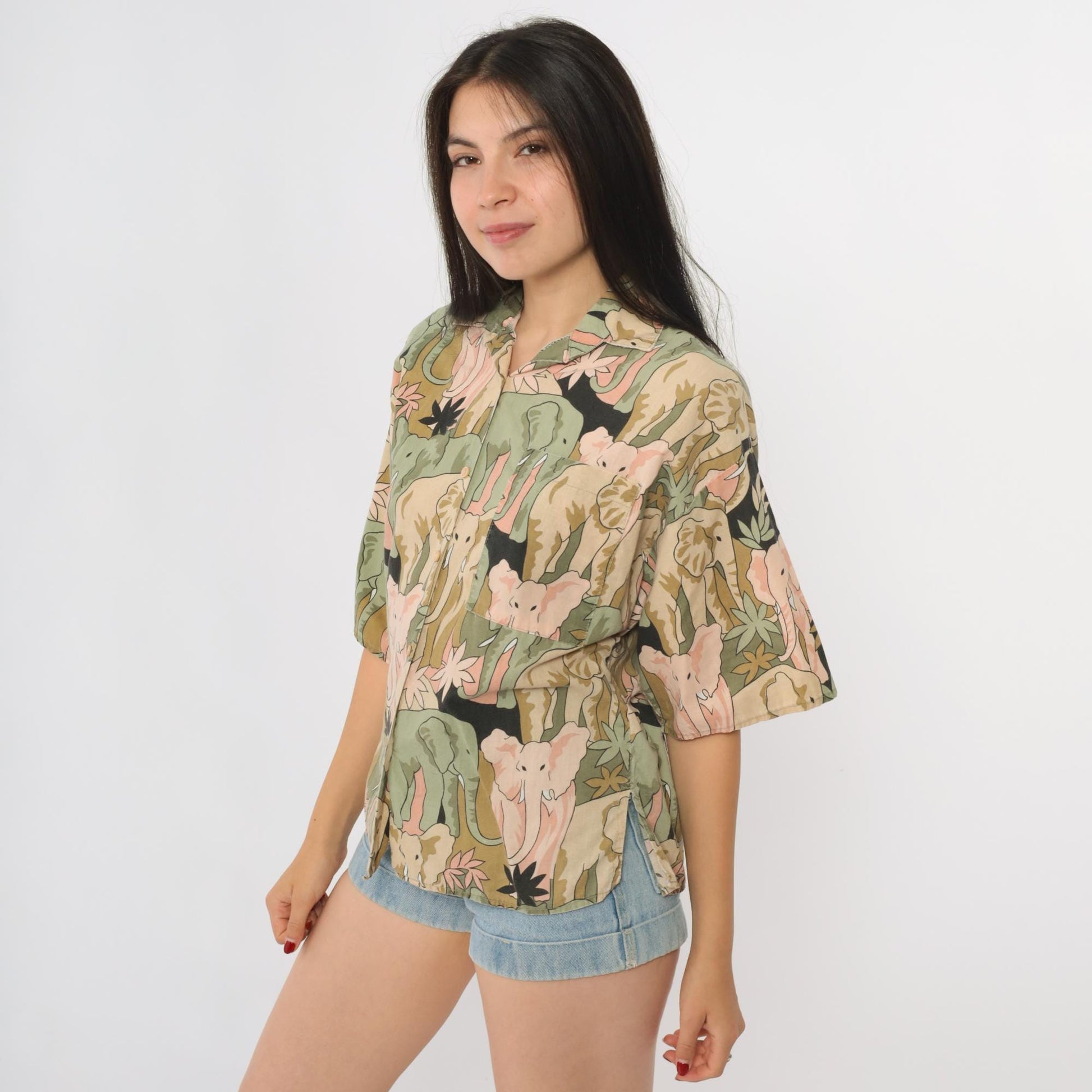 90s Soho Elephant Print Shirt Cotton Button Front Small