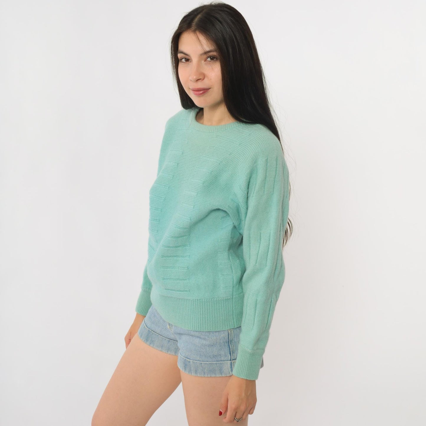 80s Kaelin Mint Green Wool Crew Neck Pullover Textured Knit Small S