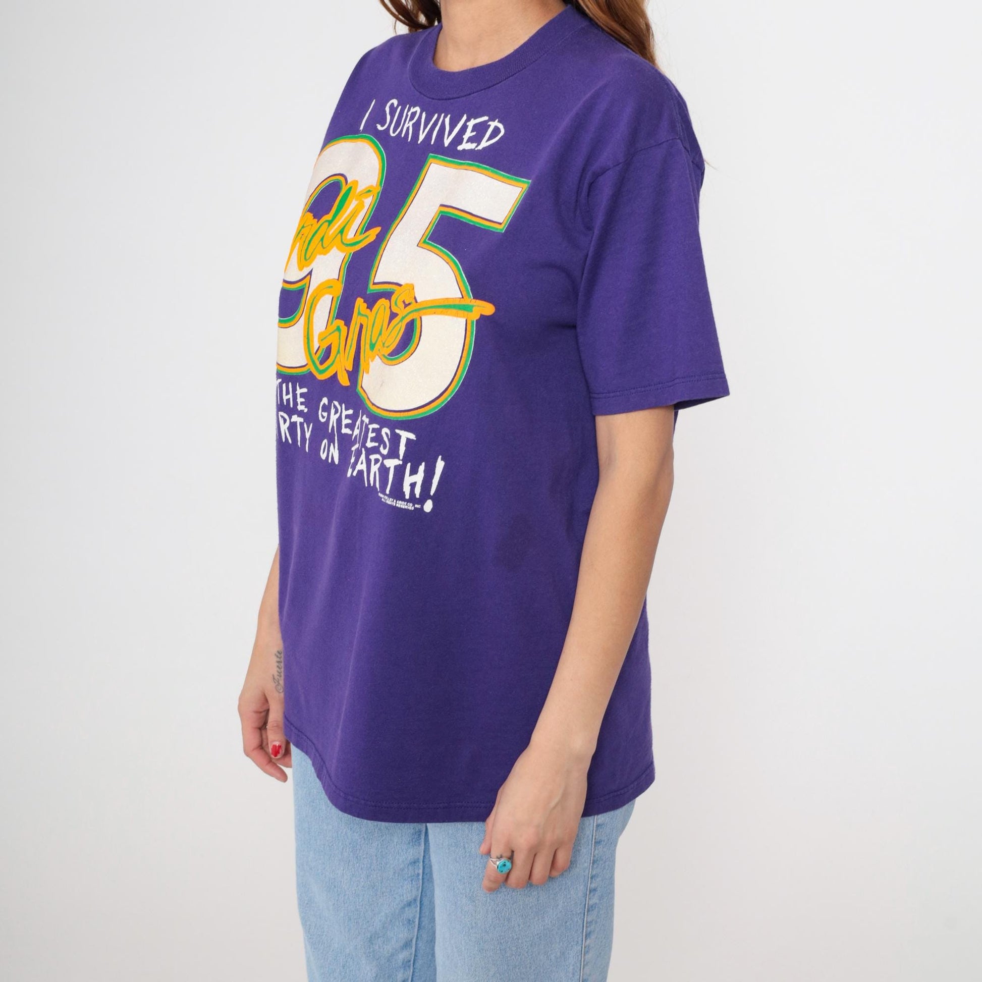 90s Mardi Gras 1995 Novelty Tee Purple Graphic Crewneck Large L