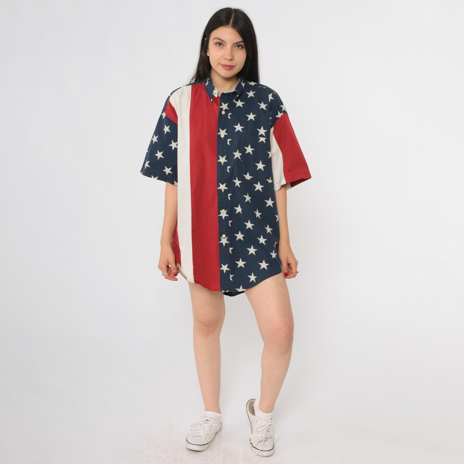 Y2K Chaps Ralph Lauren American Flag Button Up Shirt Cotton Medium M