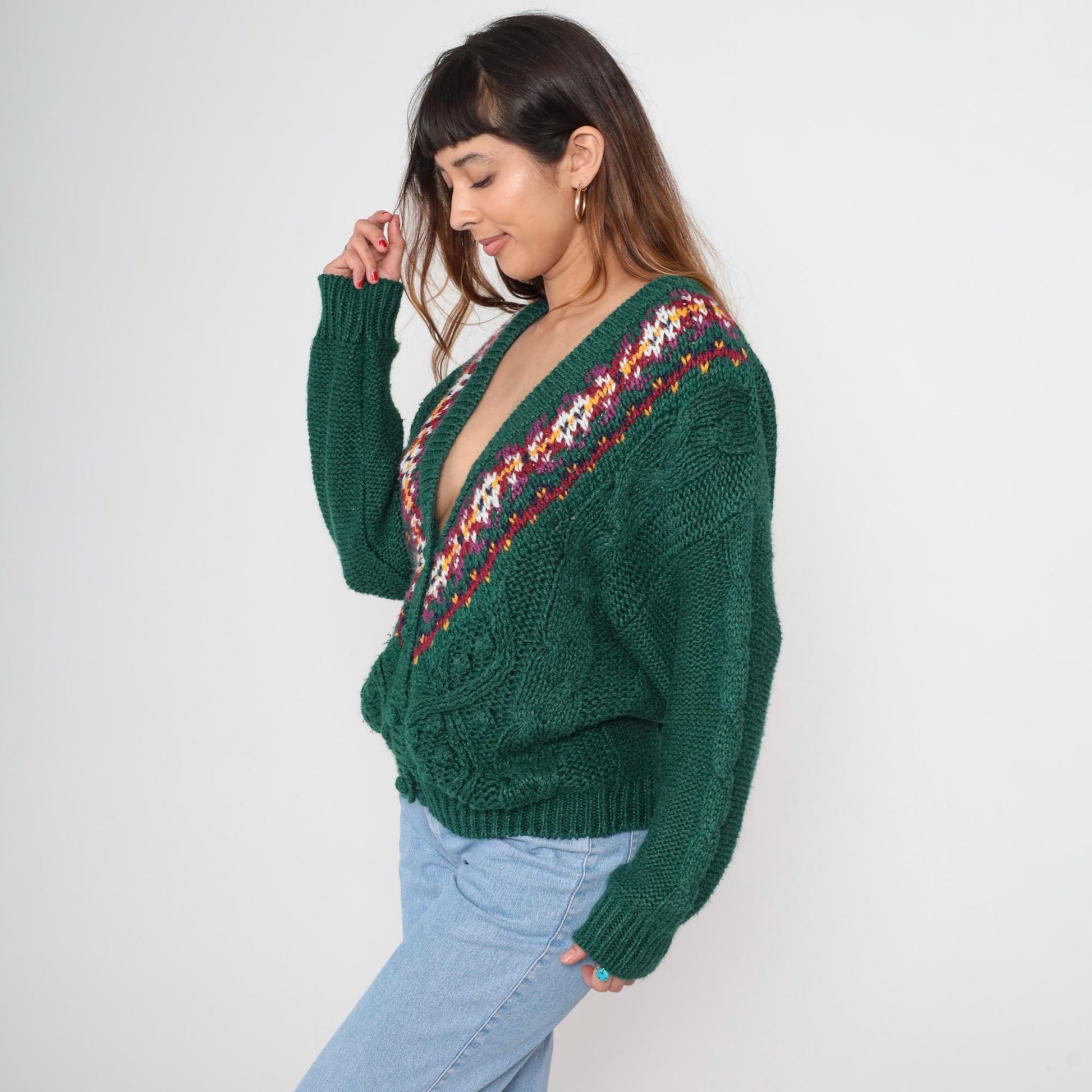 90s Contrasts Cable Knit Cardigan Forest Green Fair Isle V-Neck Medium M