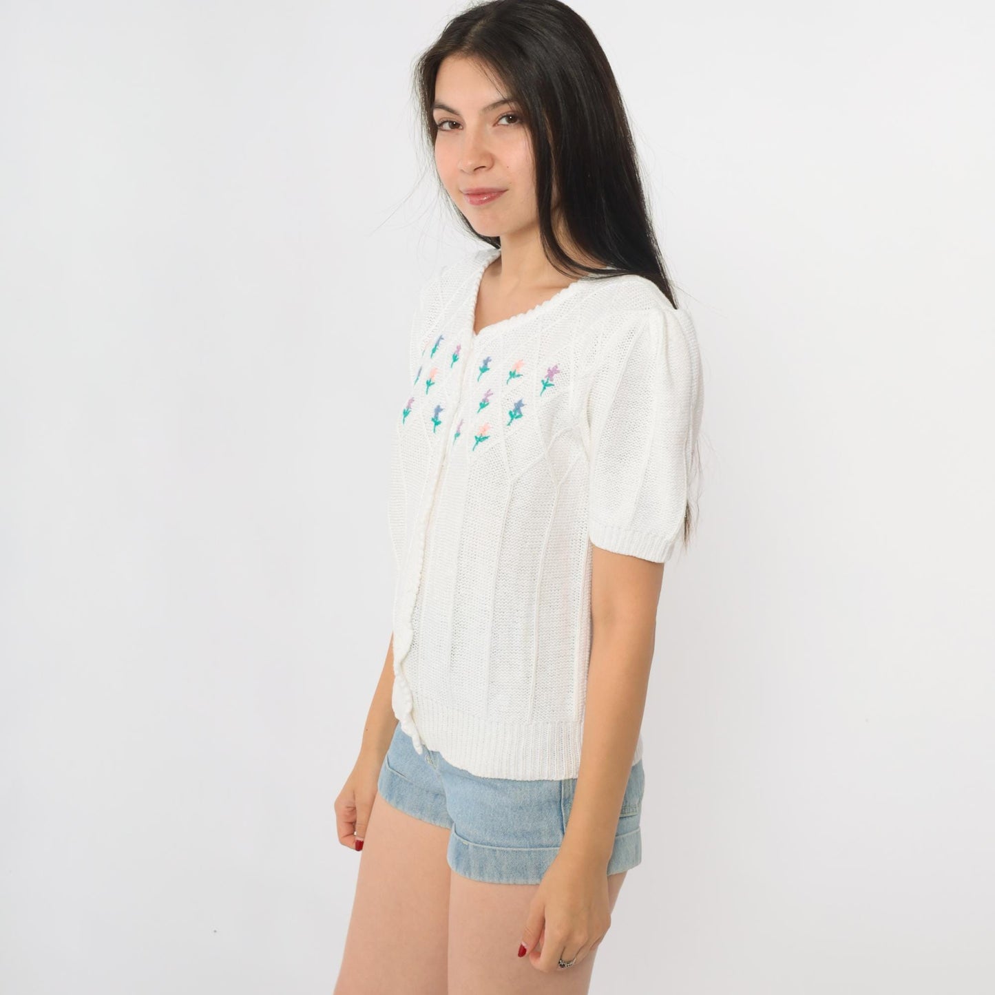 80s Astorone White Cardigan Short Sleeve Embroidered Floral V-Neck Medium M