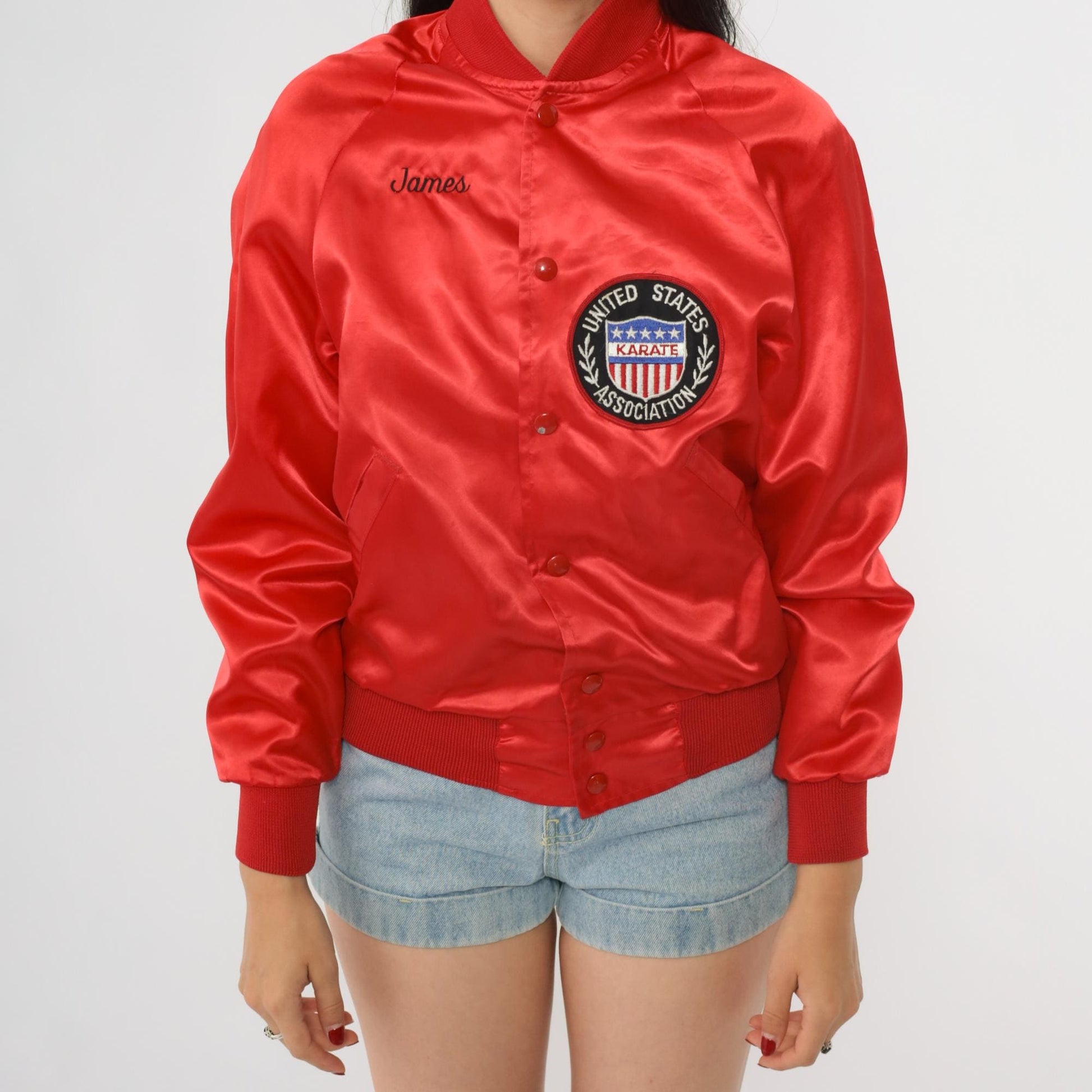 90s Capricorn Red Satin Bomber Jacket Karate Patch Medium